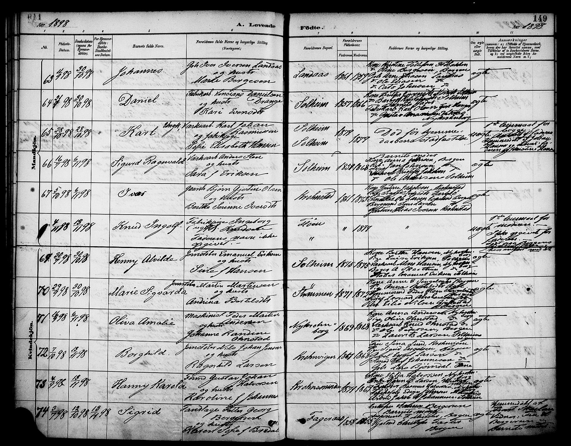 Årstad Sokneprestembete, AV/SAB-A-79301/H/Haa/L0001: Parish register (official) no. A 1, 1886-1901, p. 149