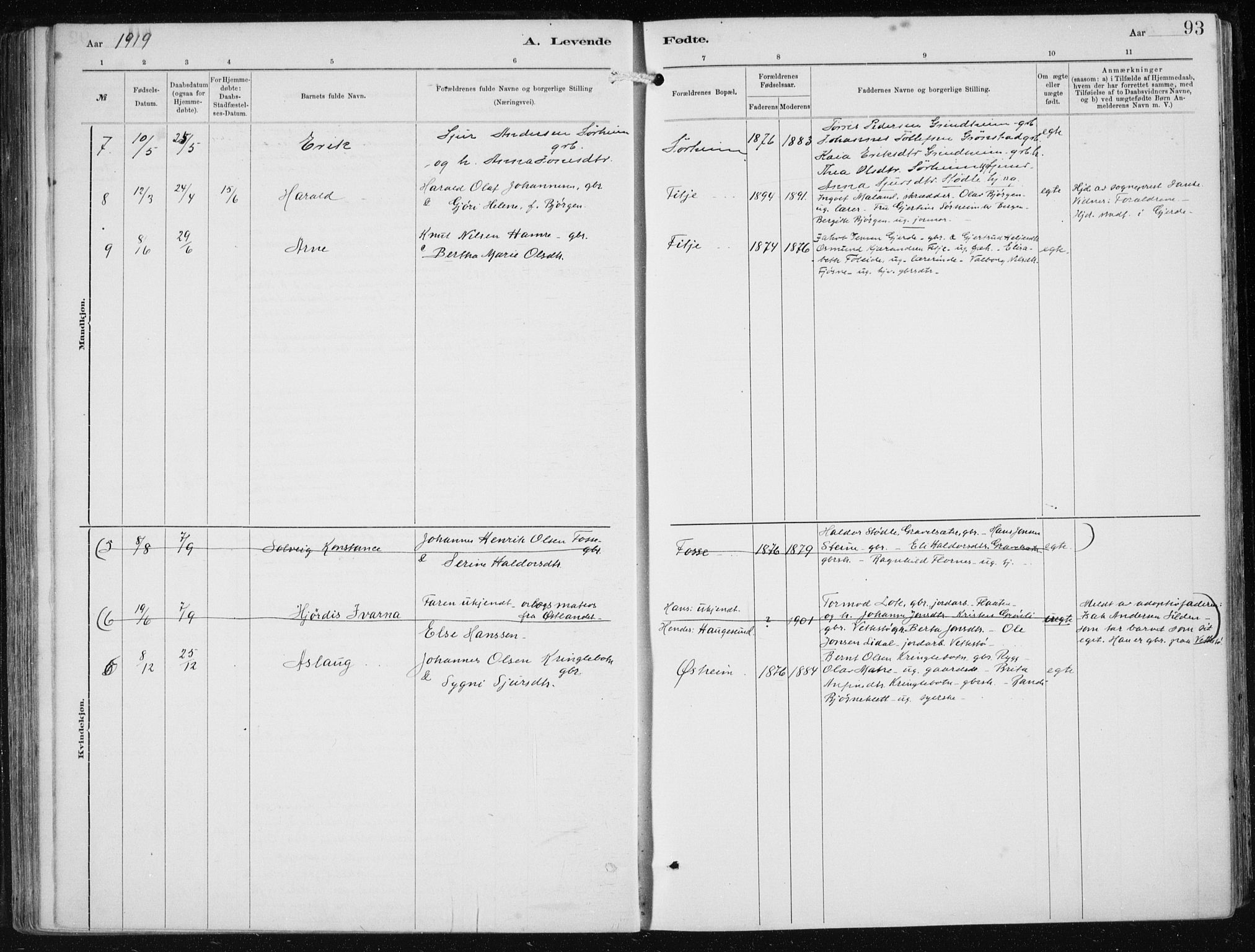 Etne sokneprestembete, SAB/A-75001/H/Haa: Parish register (official) no. B  1, 1879-1919, p. 93