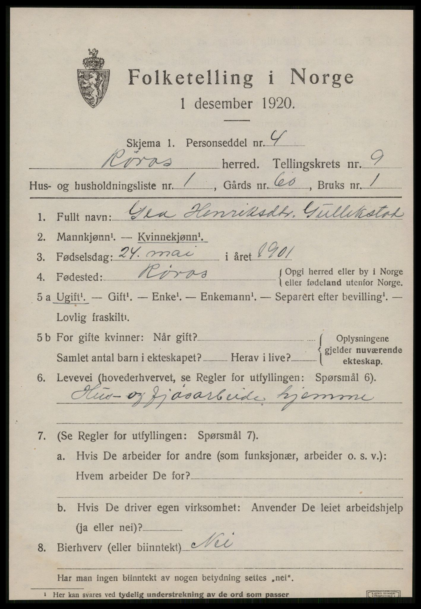 SAT, 1920 census for Røros, 1920, p. 7694