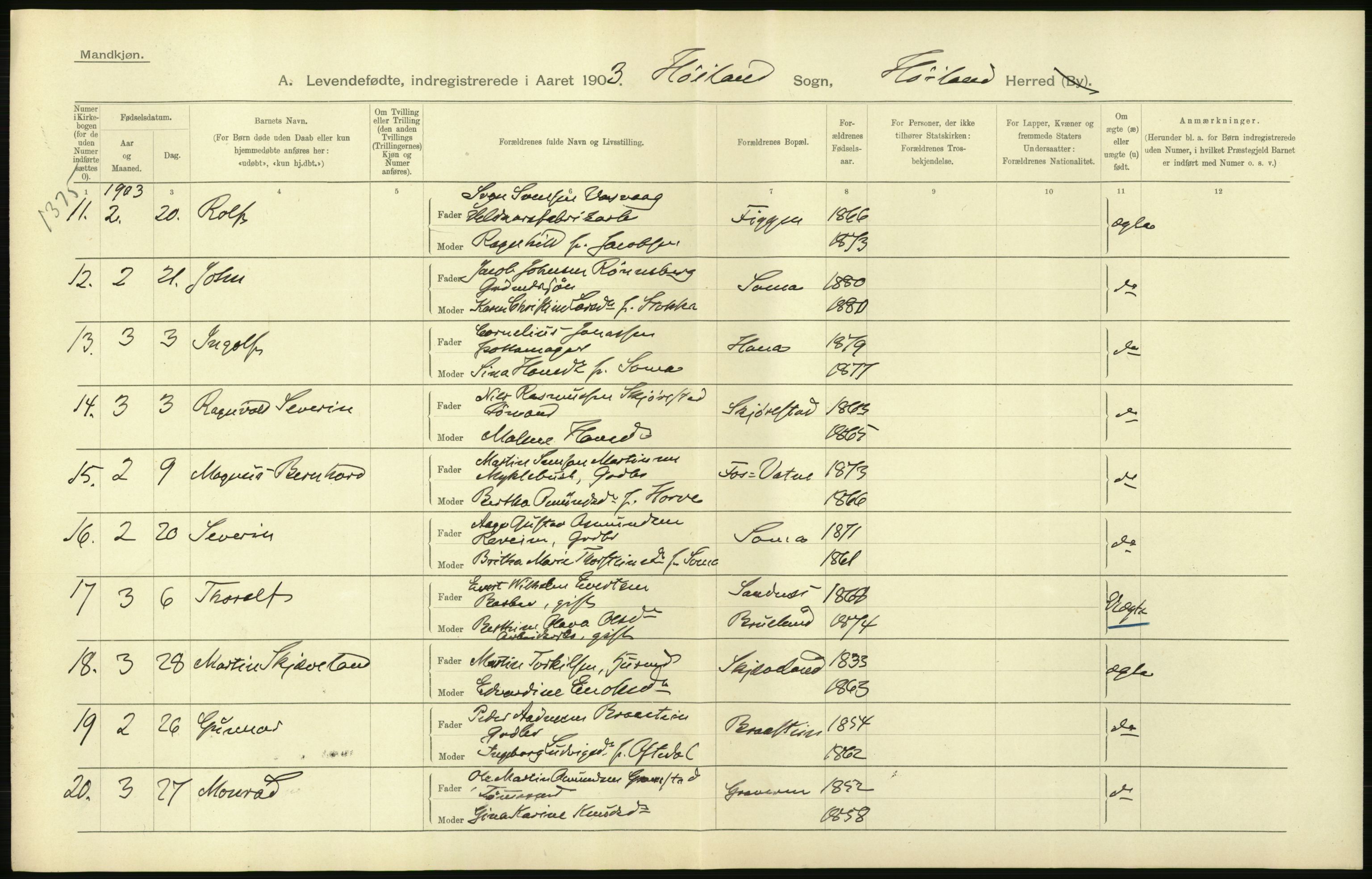 Statistisk sentralbyrå, Sosiodemografiske emner, Befolkning, AV/RA-S-2228/D/Df/Dfa/Dfaa/L0012: Stavanger amt: Fødte, gifte, døde, 1903, p. 14