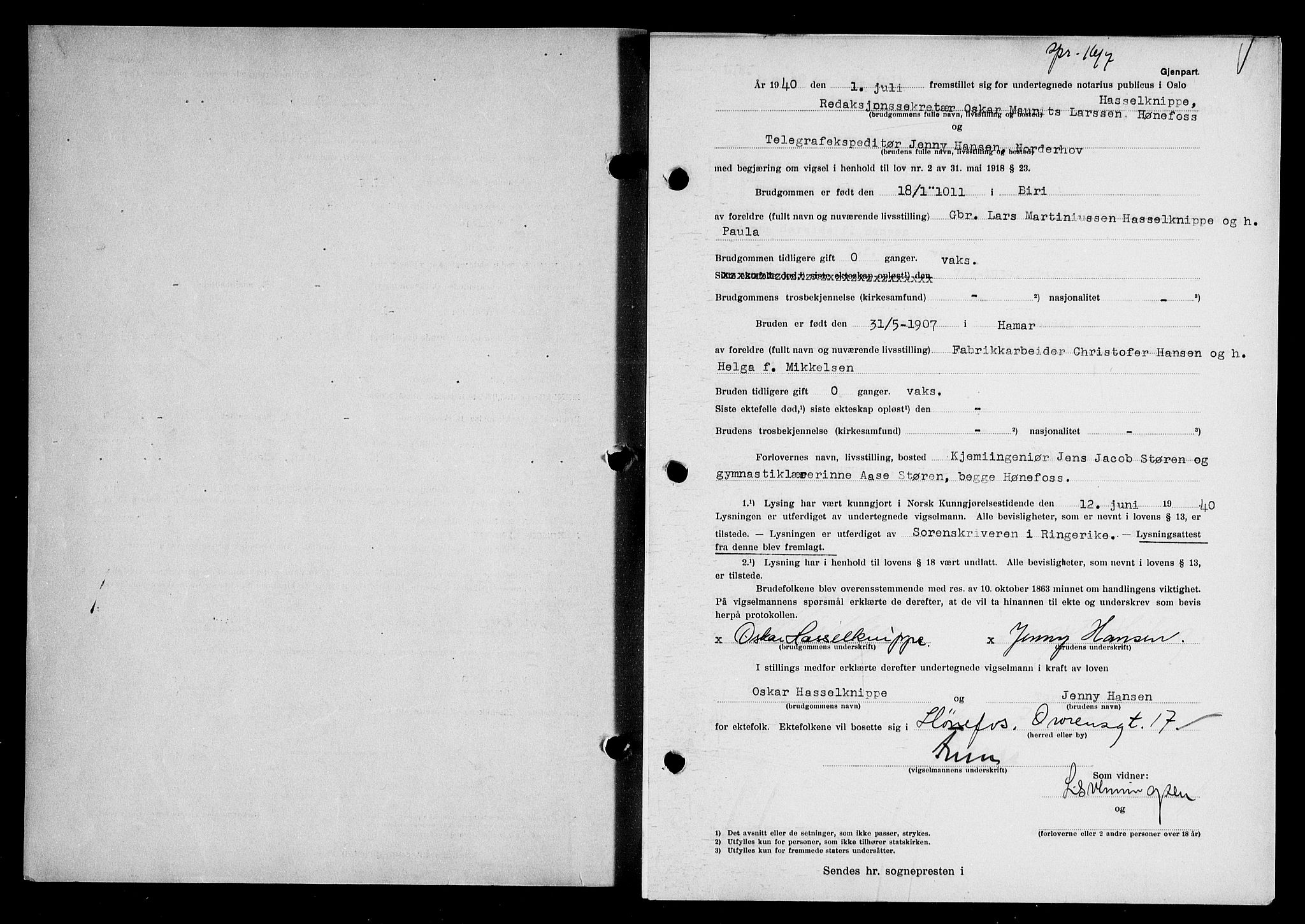 Oslo byfogd avd. I, SAO/A-10220/L/Lb/Lbb/L0035: Notarialprotokoll, rekke II: Vigsler, 1940