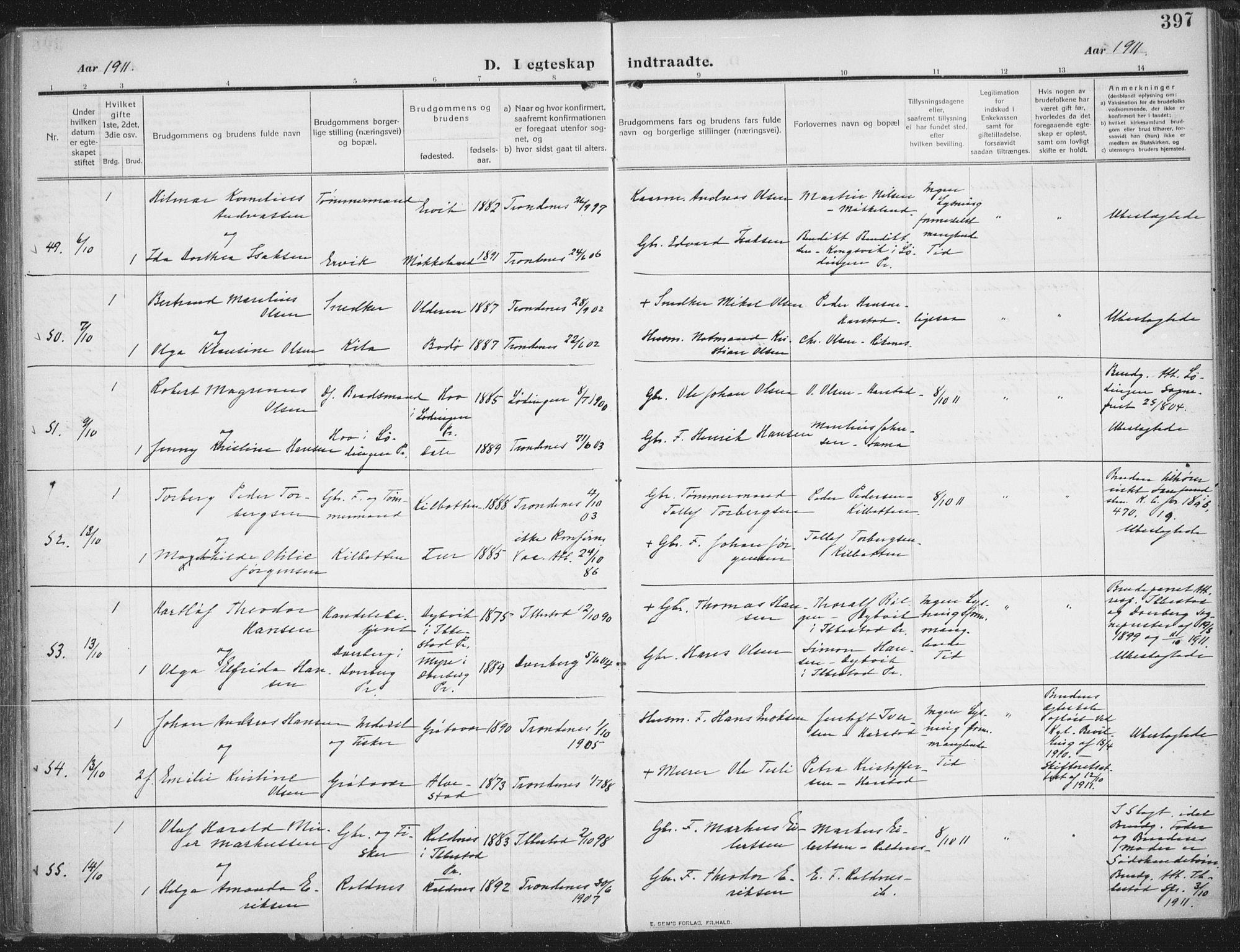 Trondenes sokneprestkontor, AV/SATØ-S-1319/H/Ha/L0018kirke: Parish register (official) no. 18, 1909-1918, p. 397