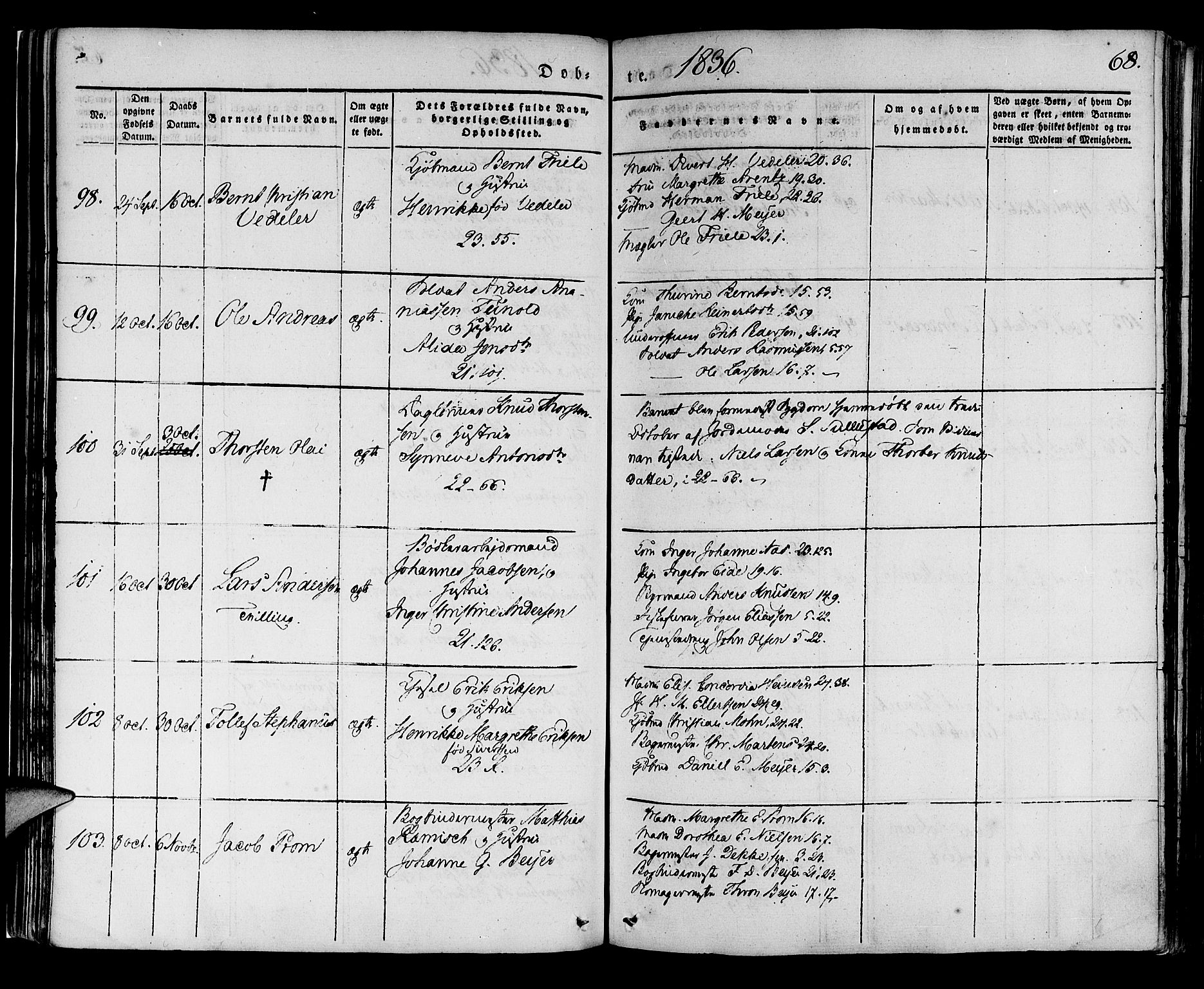 Korskirken sokneprestembete, SAB/A-76101/H/Haa/L0015: Parish register (official) no. B 1, 1833-1841, p. 68