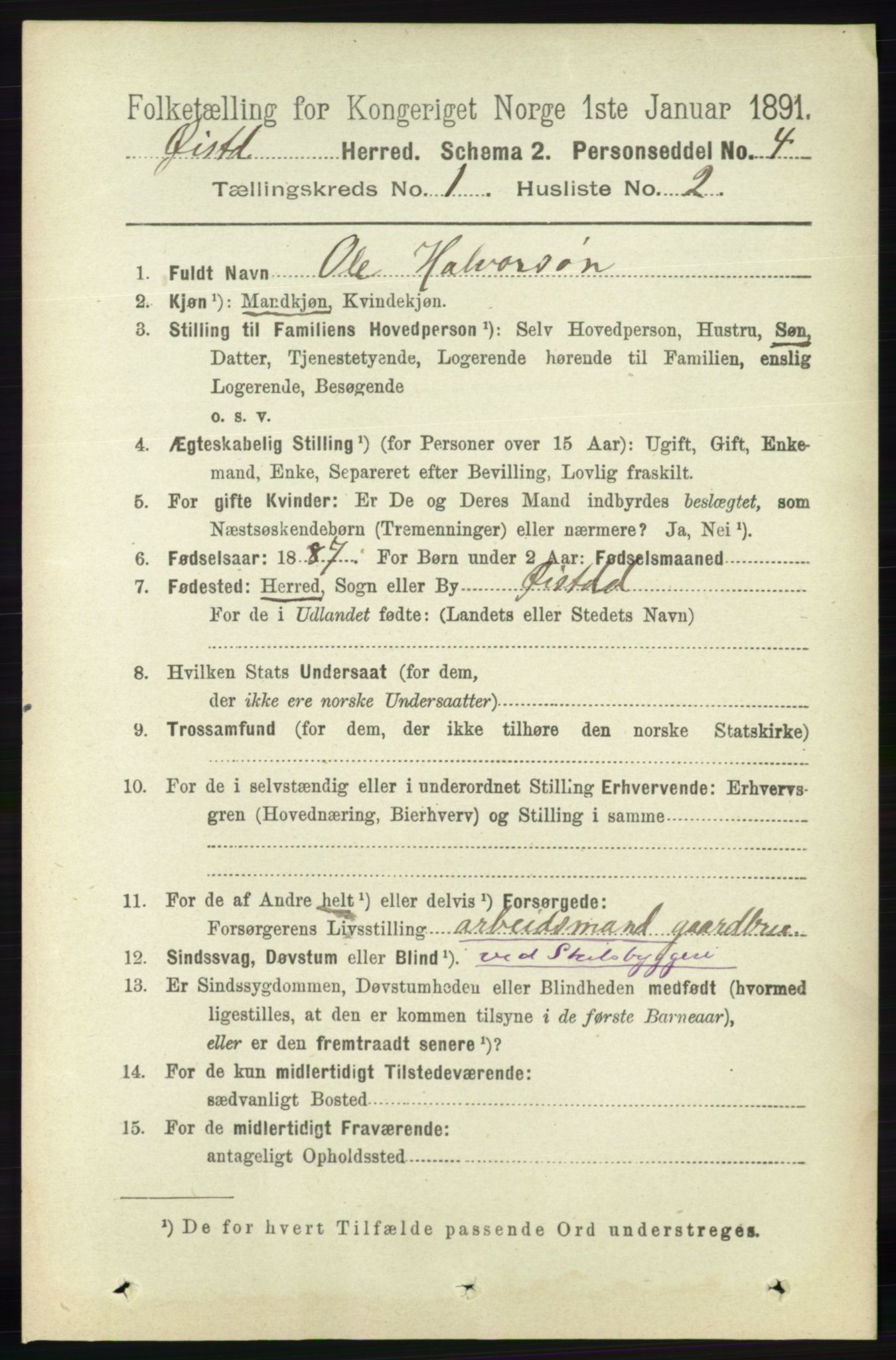 RA, 1891 census for 0920 Øyestad, 1891, p. 77