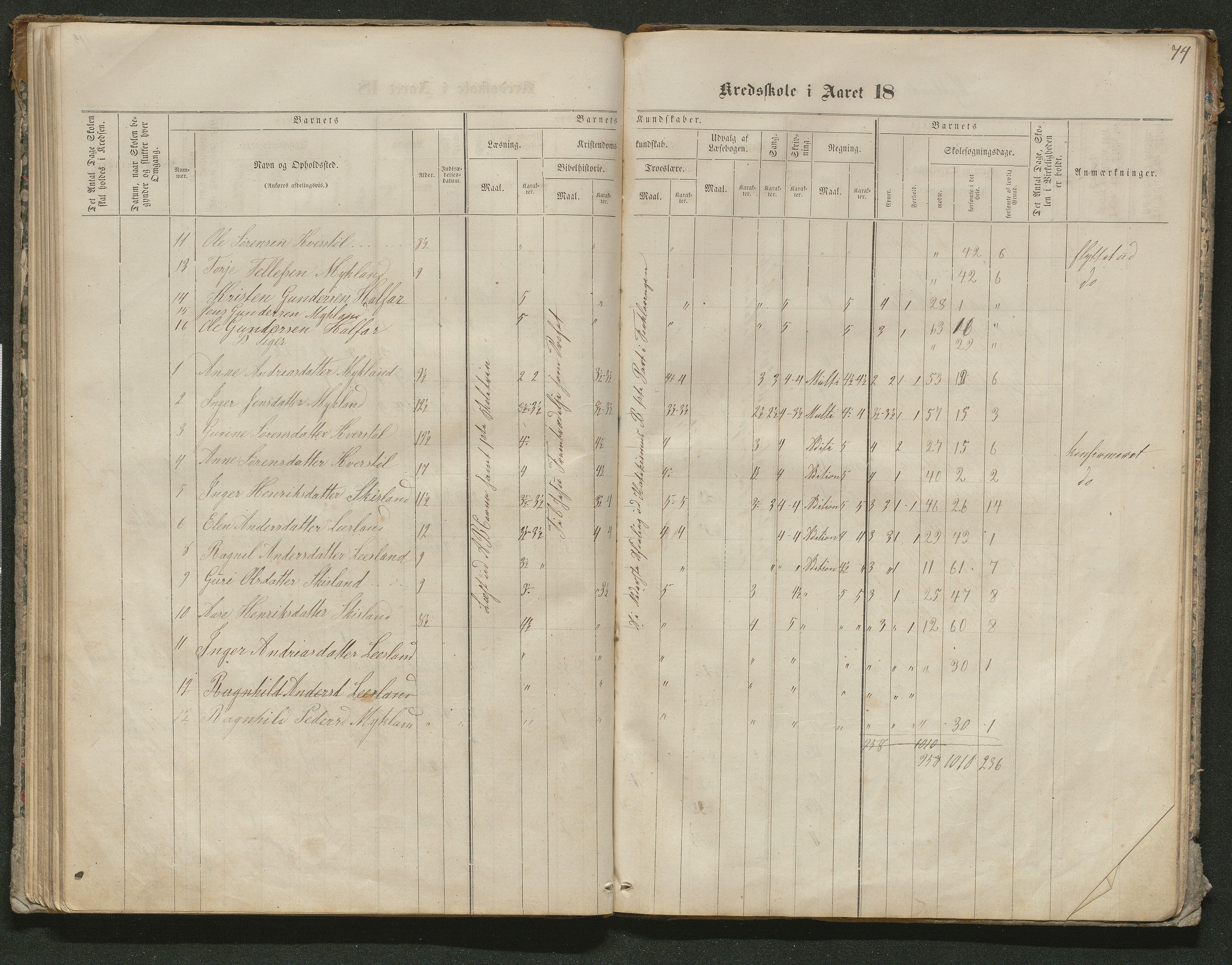 Iveland kommune, De enkelte kretsene/Skolene, AAKS/KA0935-550/A_10/L0005: Skoleprotokoll for Frøyså og Mykland krets, 1864-1881, p. 74