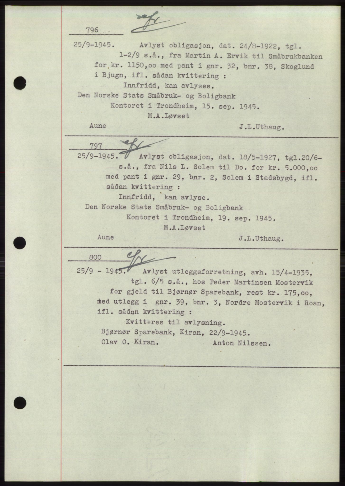 Fosen sorenskriveri, AV/SAT-A-1107/1/2/2C: Mortgage book no. B1, 1943-1946, Diary no: : 796/1945