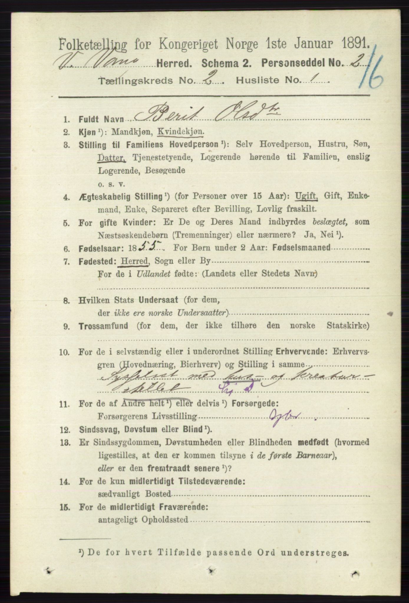 RA, 1891 census for 0545 Vang, 1891, p. 395