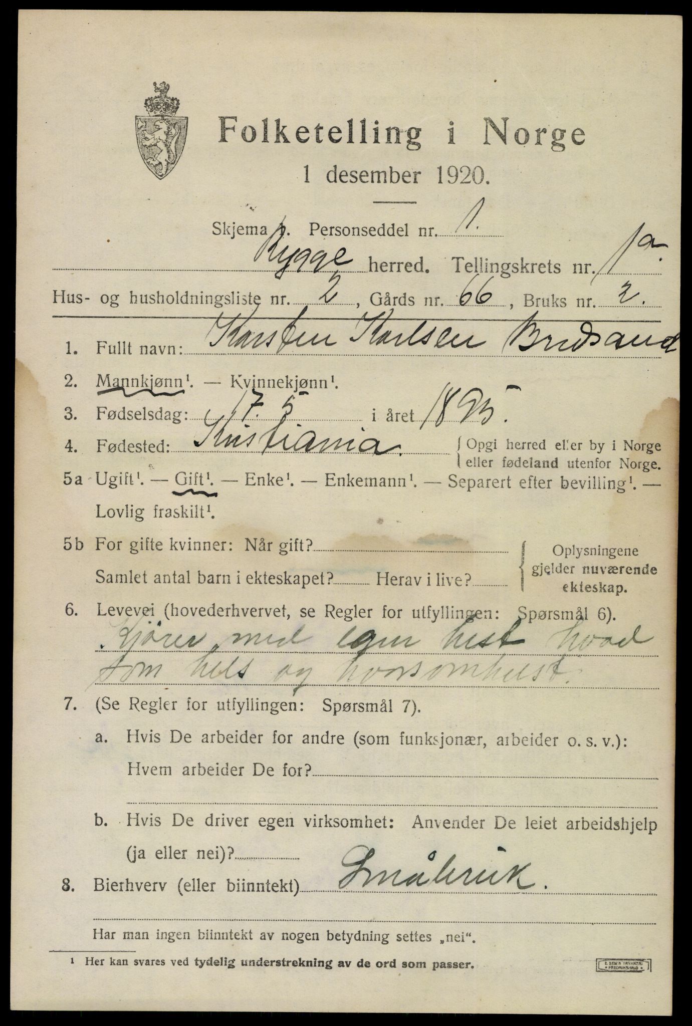 SAO, 1920 census for Rygge, 1920, p. 4137