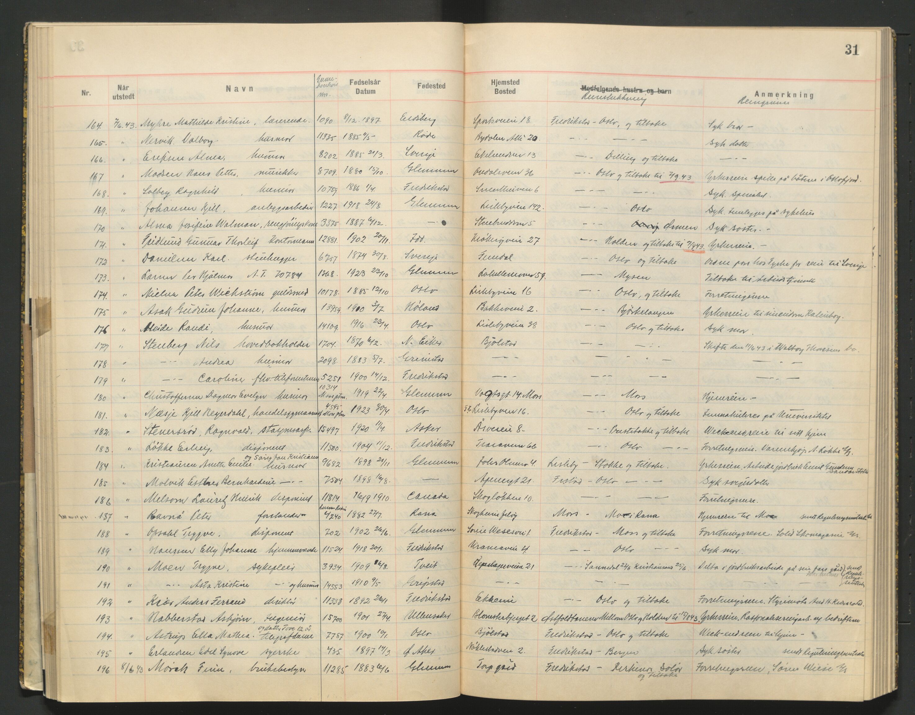 Glemmen lensmannskontor, AV/SAO-A-10123/I/Ic/Ica/L0002: Protokoll over utstedte nordiske reisekort (1939-1940) og utstedte reisetillatelser med jernbanen (1943), 1939-1943, p. 31