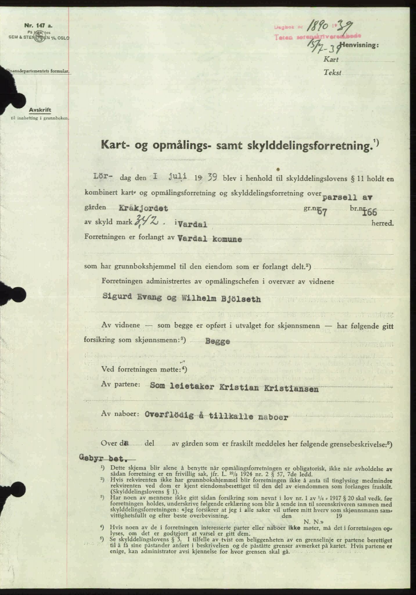 Toten tingrett, SAH/TING-006/H/Hb/Hbc/L0006: Mortgage book no. Hbc-06, 1939-1939, Diary no: : 1890/1939