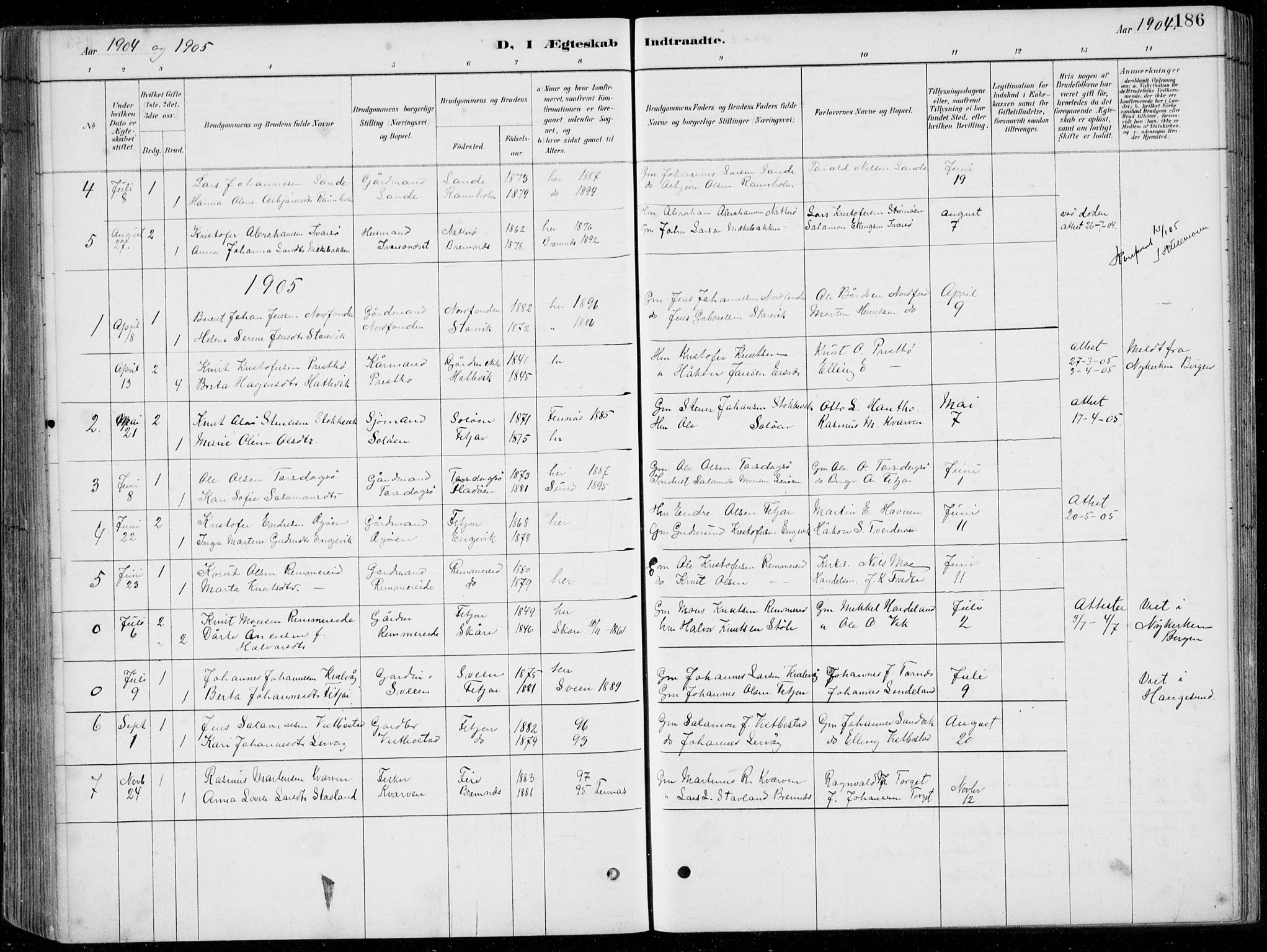 Fitjar sokneprestembete, SAB/A-99926: Parish register (copy) no. A 2, 1887-1906, p. 186