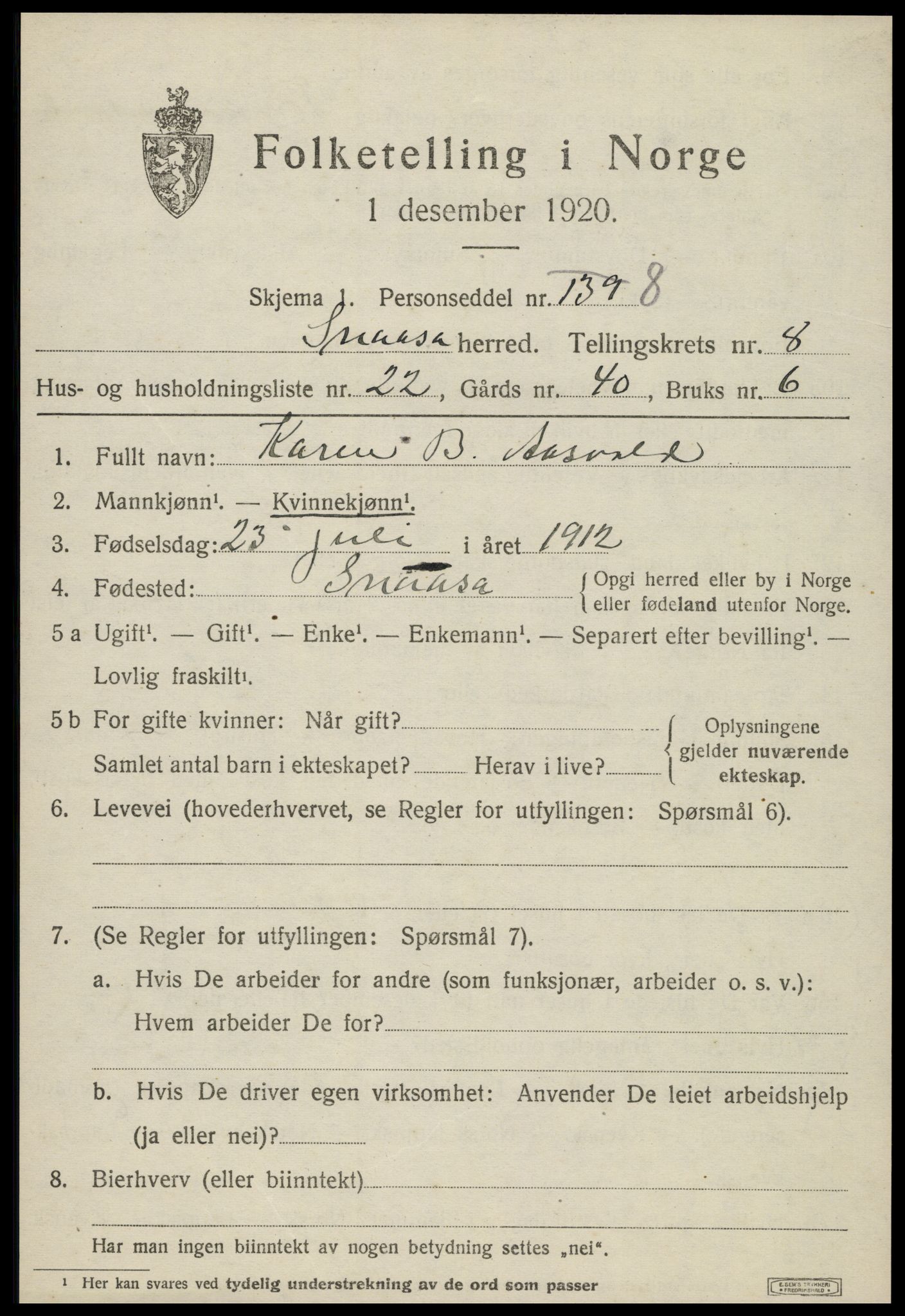 SAT, 1920 census for Snåsa, 1920, p. 3446