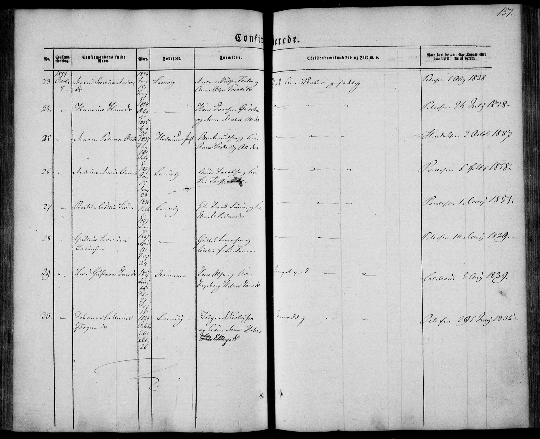 Larvik kirkebøker, AV/SAKO-A-352/F/Fa/L0003: Parish register (official) no. I 3, 1848-1856, p. 157