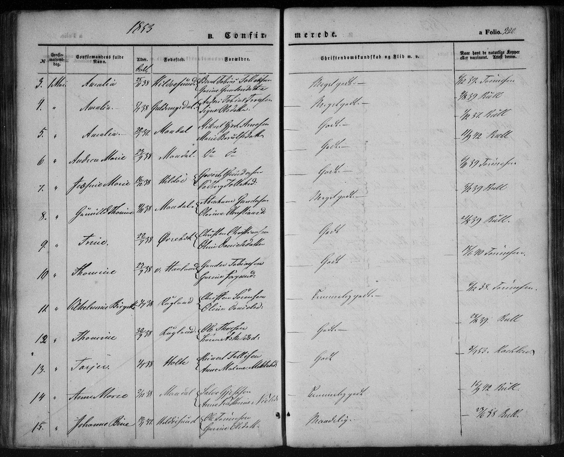 Mandal sokneprestkontor, AV/SAK-1111-0030/F/Fa/Faa/L0013: Parish register (official) no. A 13, 1847-1859, p. 220