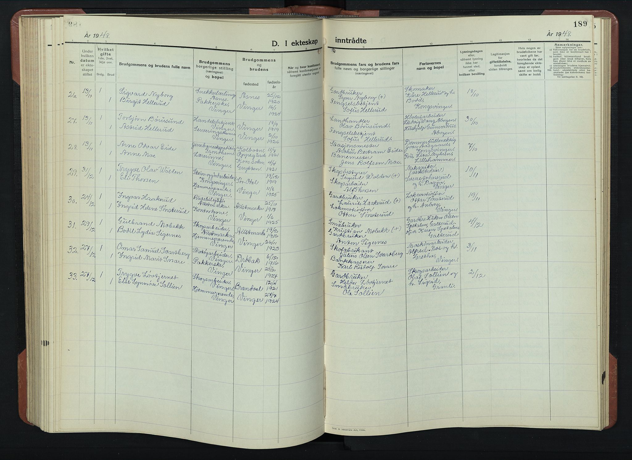 Vinger prestekontor, AV/SAH-PREST-024/H/Ha/Hab/L0007: Parish register (copy) no. 7, 1941-1955, p. 189