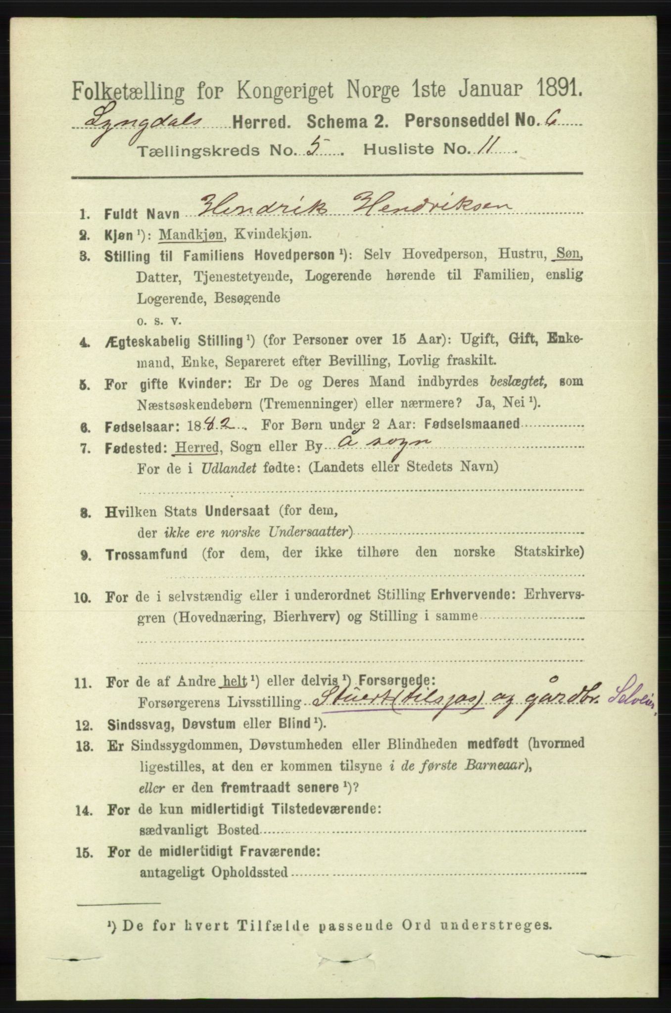 RA, 1891 census for 1032 Lyngdal, 1891, p. 1947