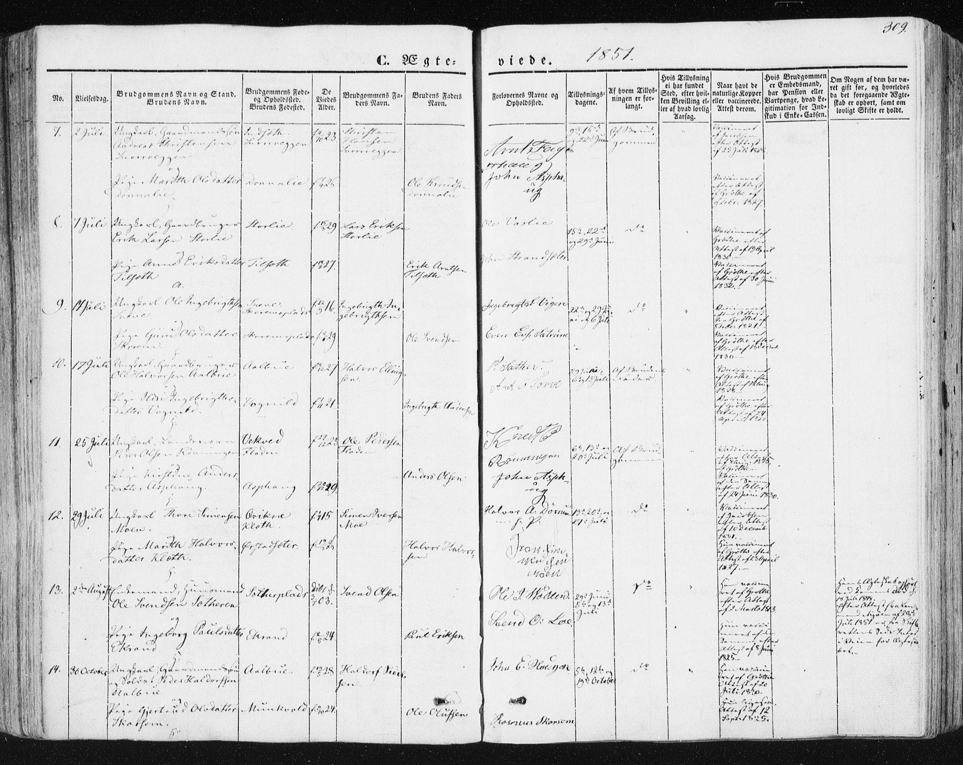 Ministerialprotokoller, klokkerbøker og fødselsregistre - Sør-Trøndelag, SAT/A-1456/678/L0899: Parish register (official) no. 678A08, 1848-1872, p. 309