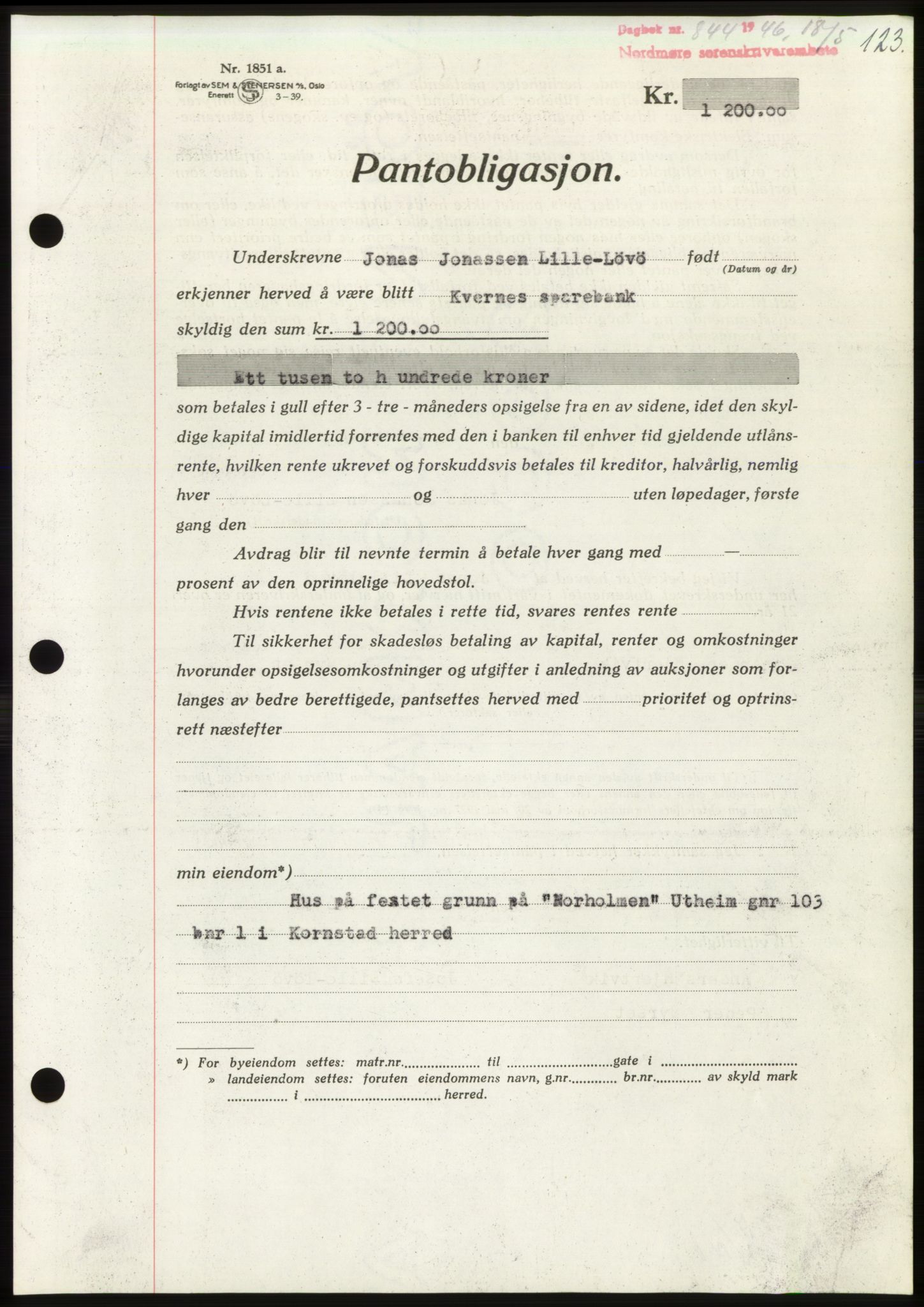 Nordmøre sorenskriveri, AV/SAT-A-4132/1/2/2Ca: Mortgage book no. B94, 1946-1946, Diary no: : 844/1946