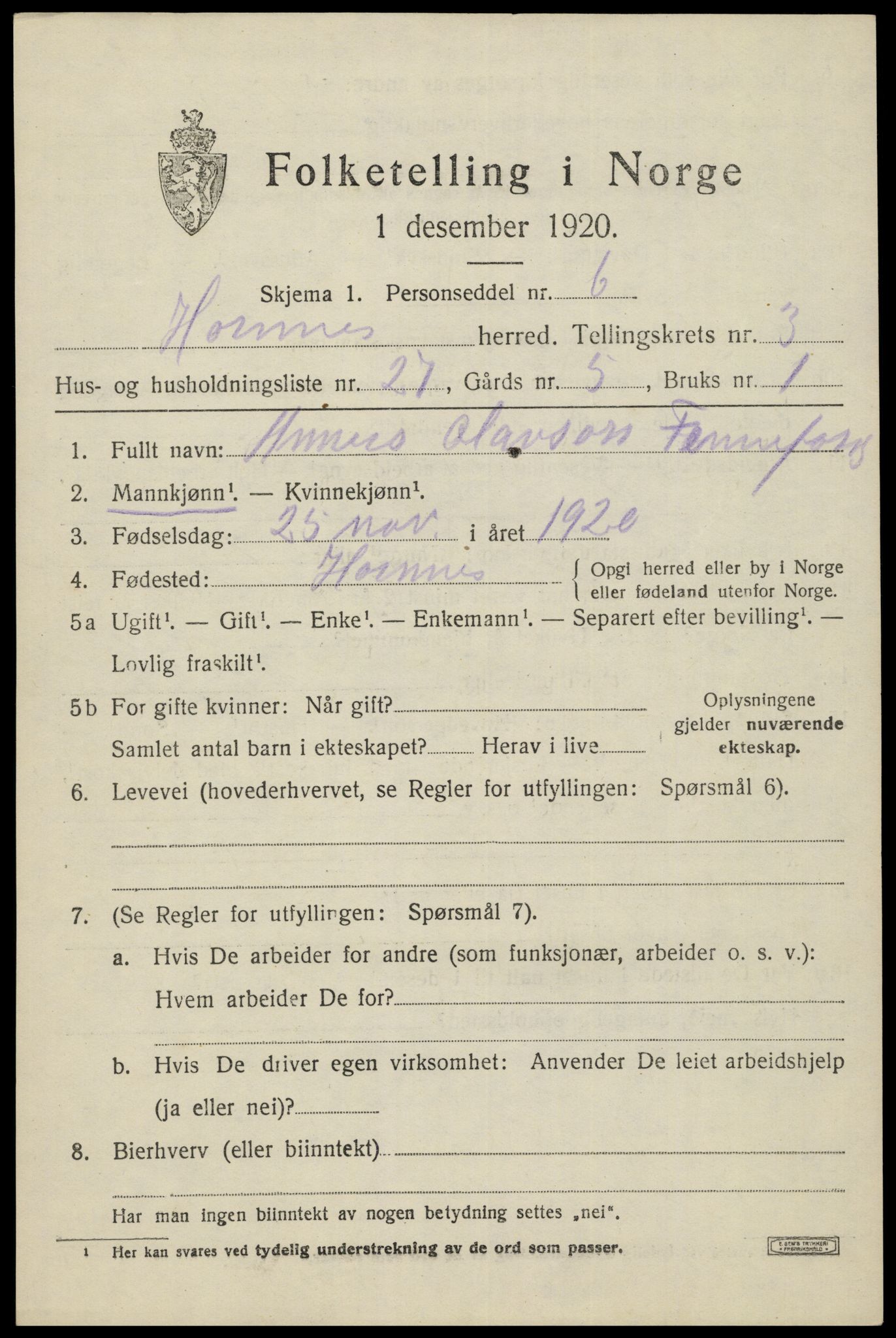 SAK, 1920 census for Hornnes, 1920, p. 1131