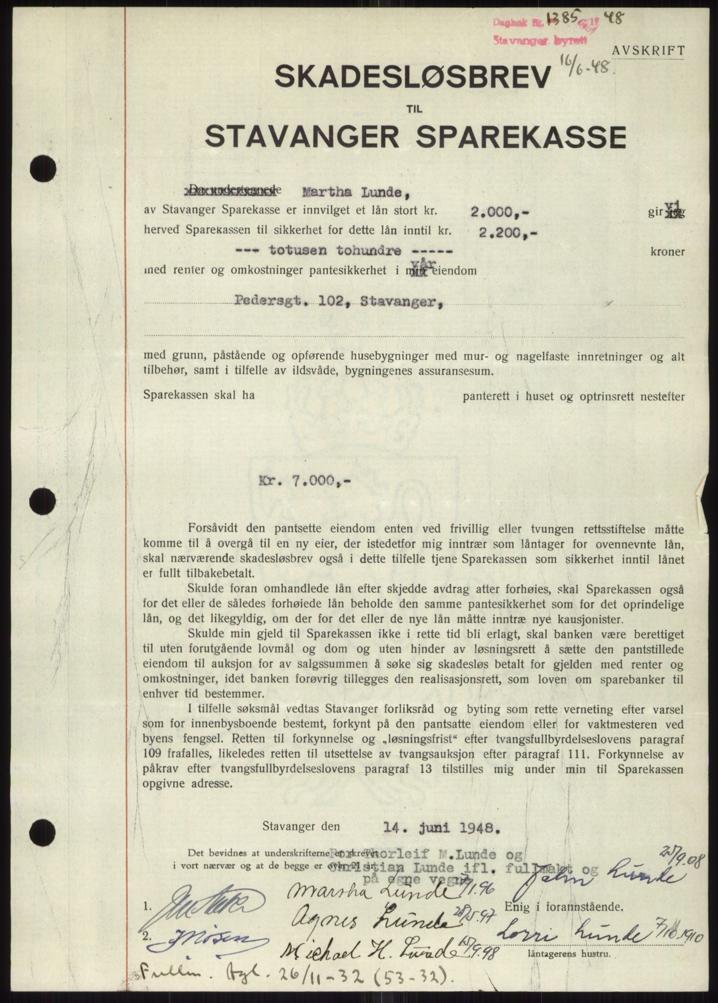 Stavanger byrett, SAST/A-100455/002/G/Gb/L0032: Mortgage book, 1947-1950, Diary no: : 1385/1948