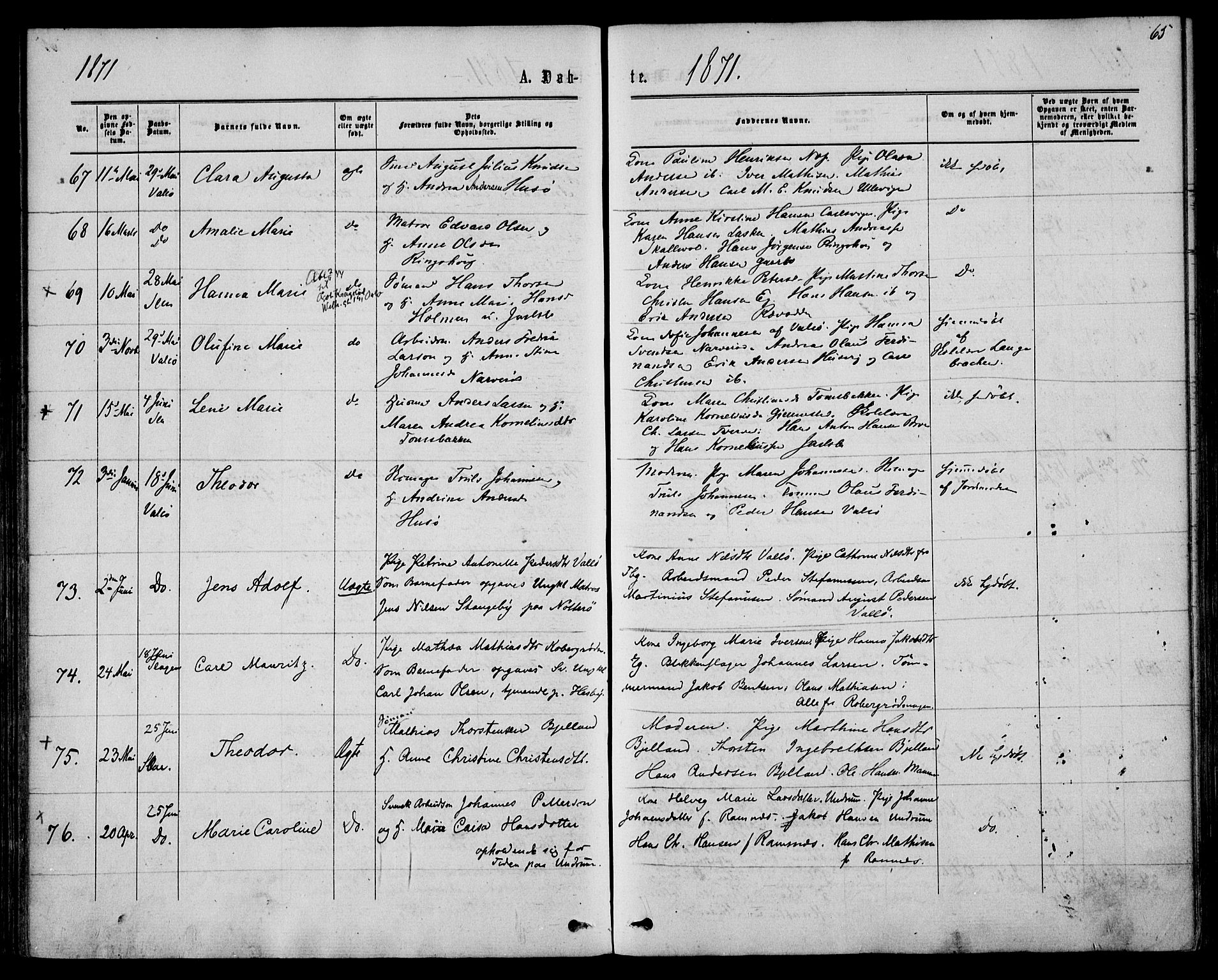 Sem kirkebøker, AV/SAKO-A-5/F/Fa/L0008: Parish register (official) no. I 8, 1866-1873, p. 65