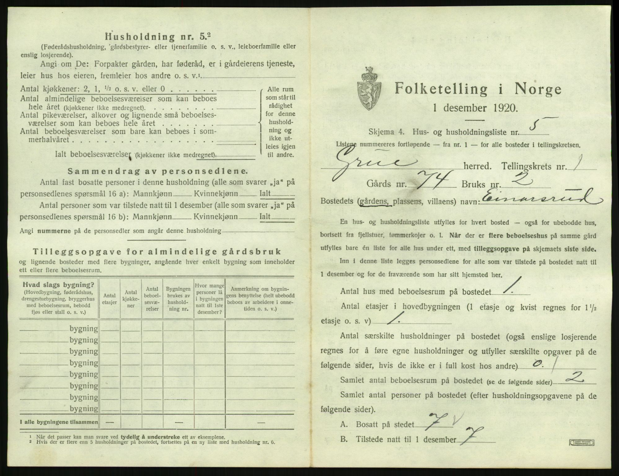 SAH, 1920 census for Grue, 1920, p. 91