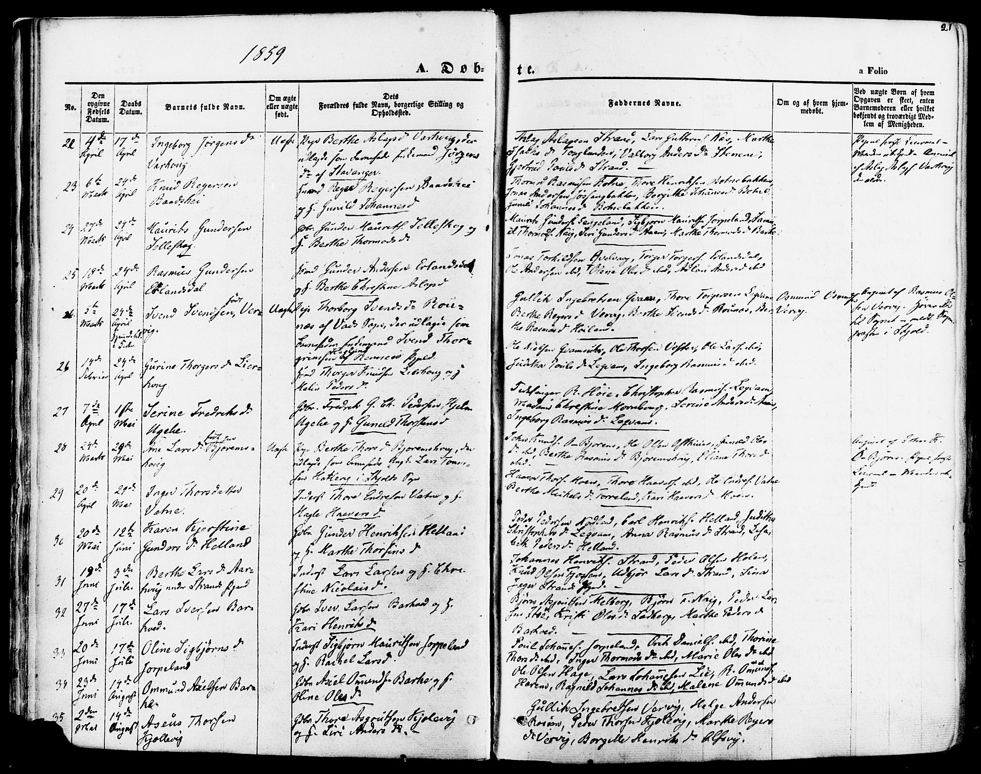 Strand sokneprestkontor, AV/SAST-A-101828/H/Ha/Haa/L0007: Parish register (official) no. A 7, 1855-1881, p. 21