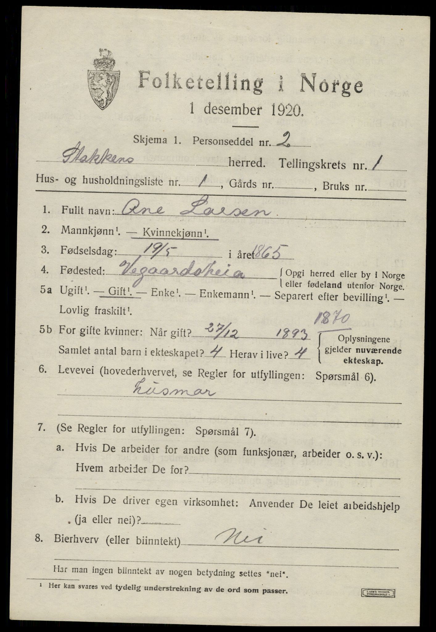 SAK, 1920 census for Stokken, 1920, p. 574