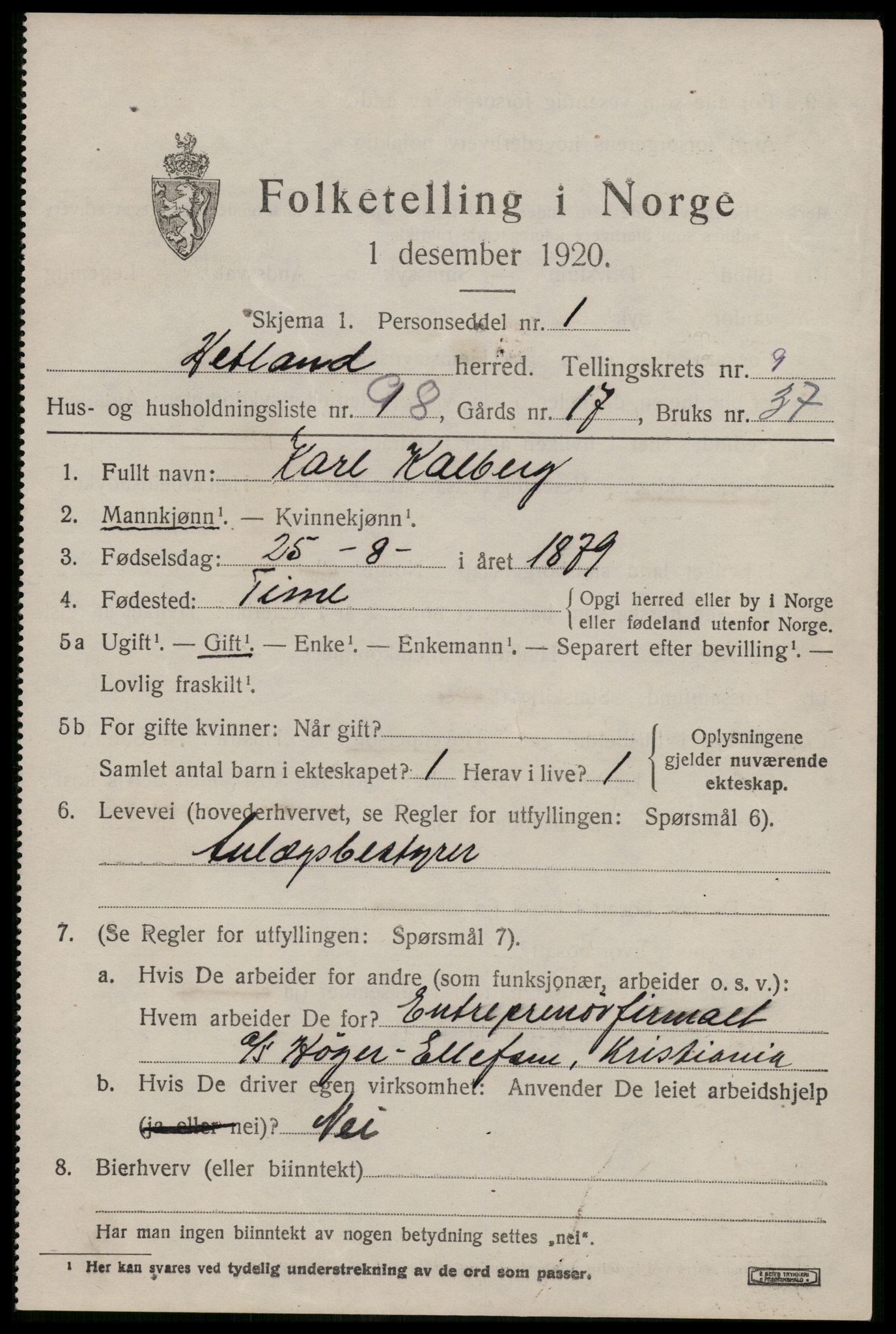 SAST, 1920 census for Hetland, 1920, p. 18899