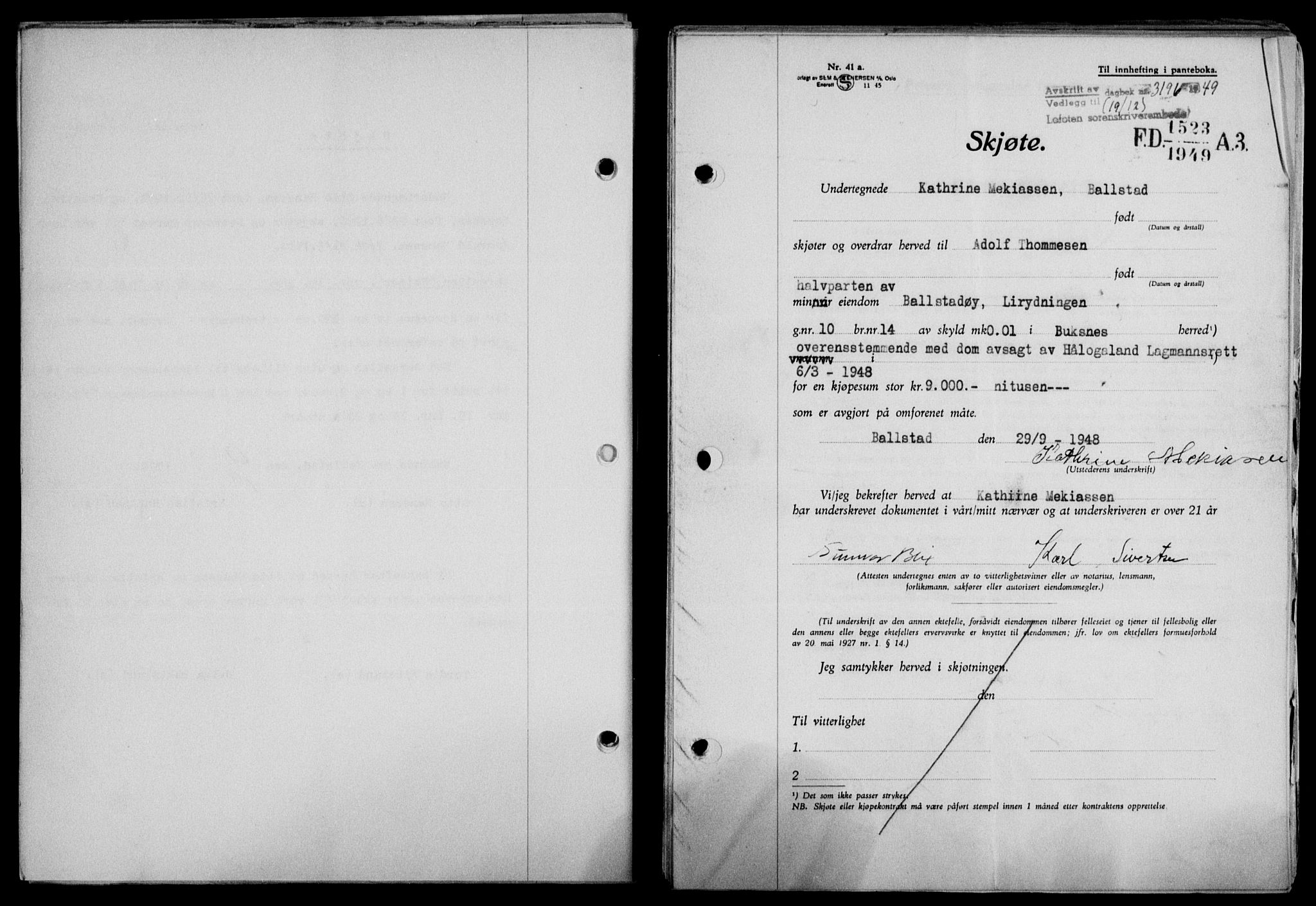 Lofoten sorenskriveri, SAT/A-0017/1/2/2C/L0022a: Mortgage book no. 22a, 1949-1950, Diary no: : 3196/1949