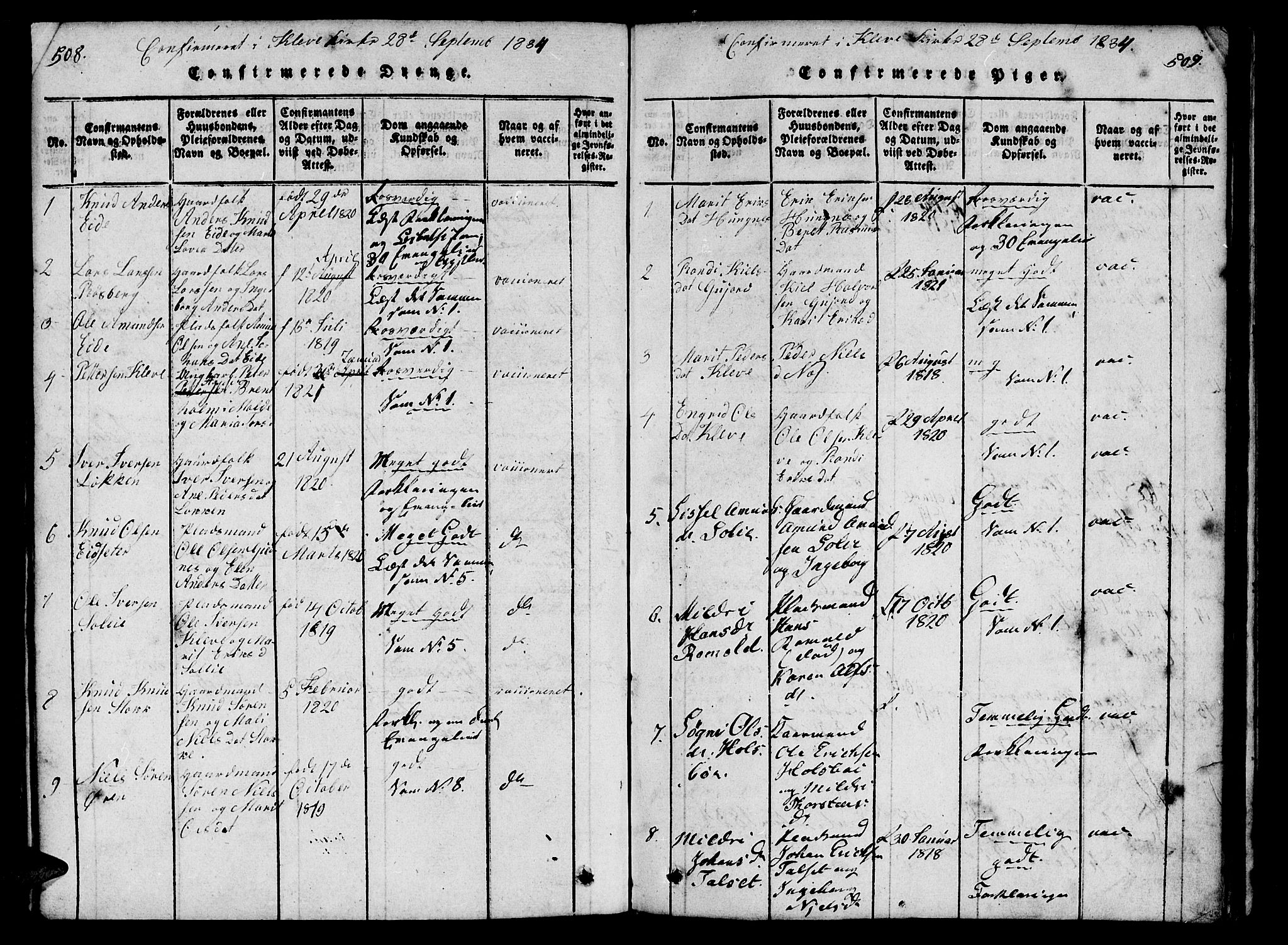 Ministerialprotokoller, klokkerbøker og fødselsregistre - Møre og Romsdal, SAT/A-1454/557/L0679: Parish register (official) no. 557A01, 1818-1843, p. 508-509