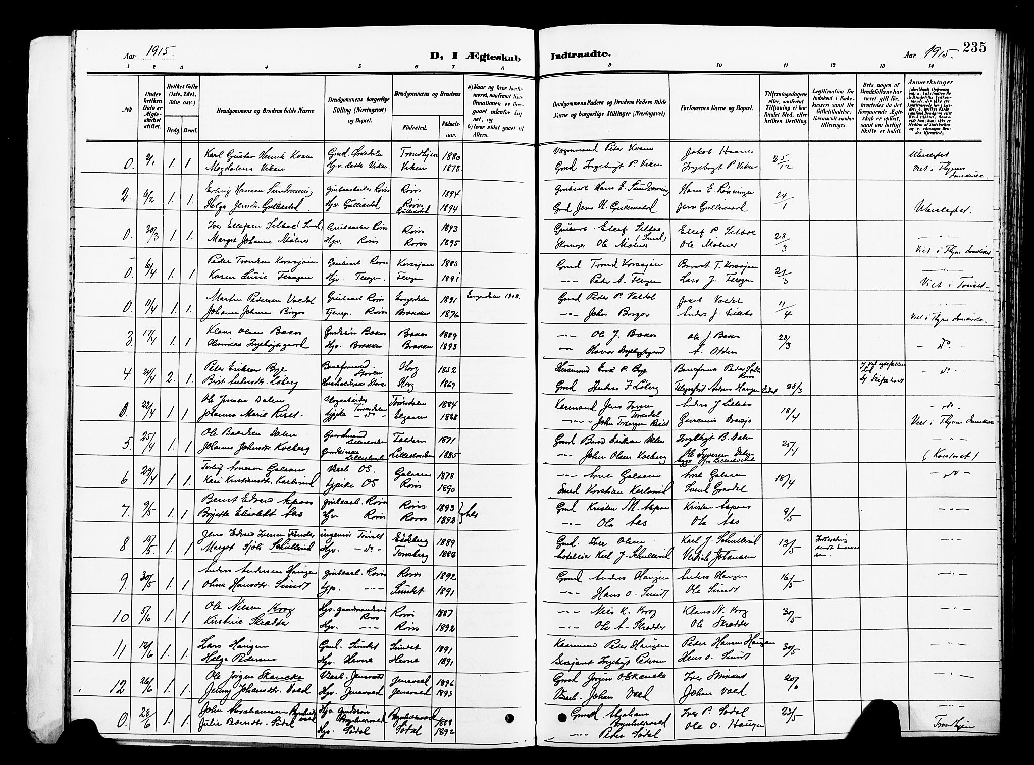 Ministerialprotokoller, klokkerbøker og fødselsregistre - Sør-Trøndelag, SAT/A-1456/681/L0942: Parish register (copy) no. 681C06, 1906-1925, p. 235