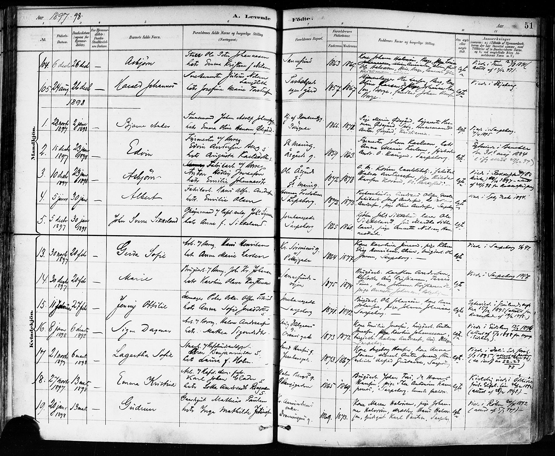 Sarpsborg prestekontor Kirkebøker, AV/SAO-A-2006/F/Fa/L0004: Parish register (official) no. 4, 1892-1899, p. 51