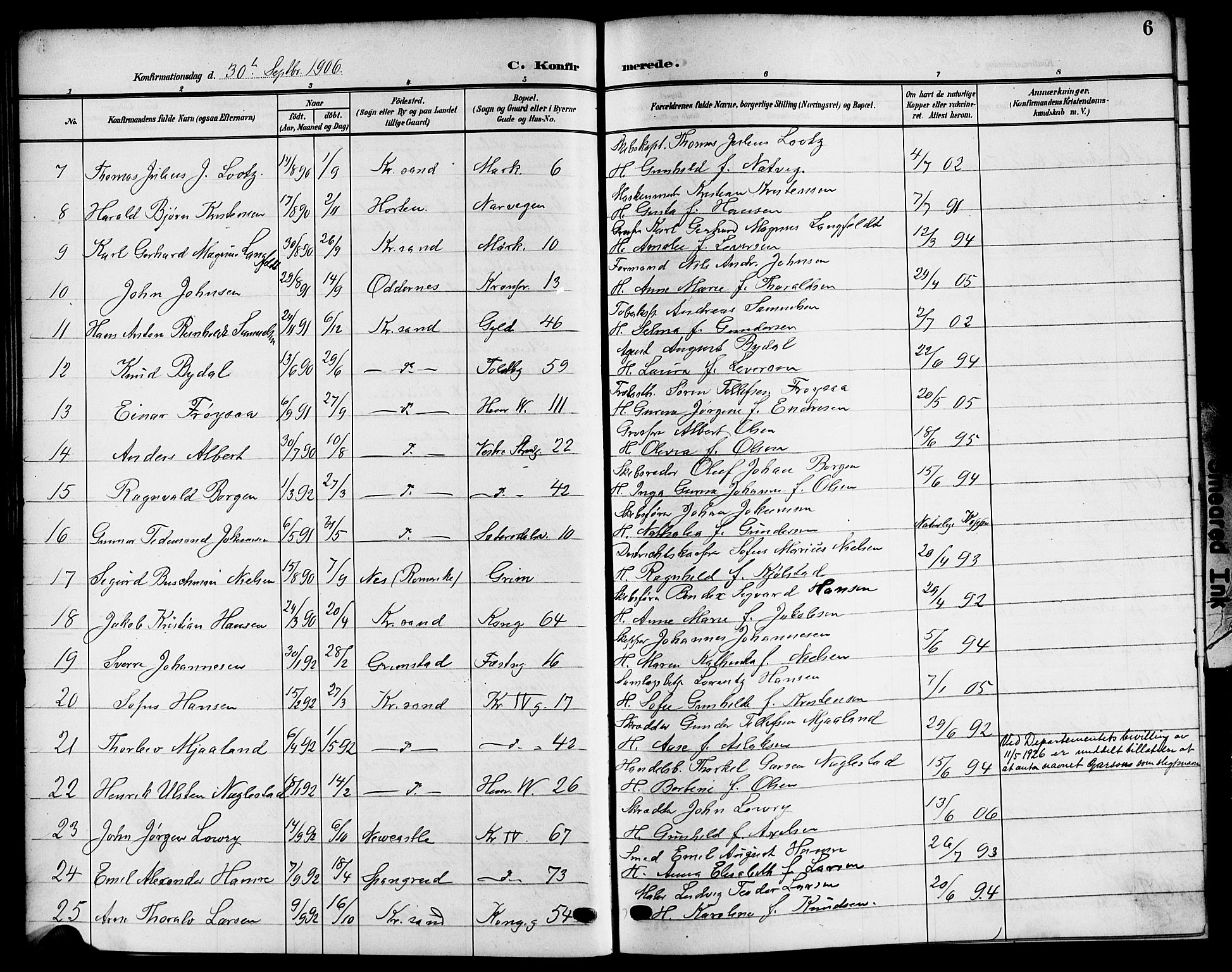 Kristiansand domprosti, AV/SAK-1112-0006/F/Fb/L0020: Parish register (copy) no. B 20, 1906-1915, p. 6