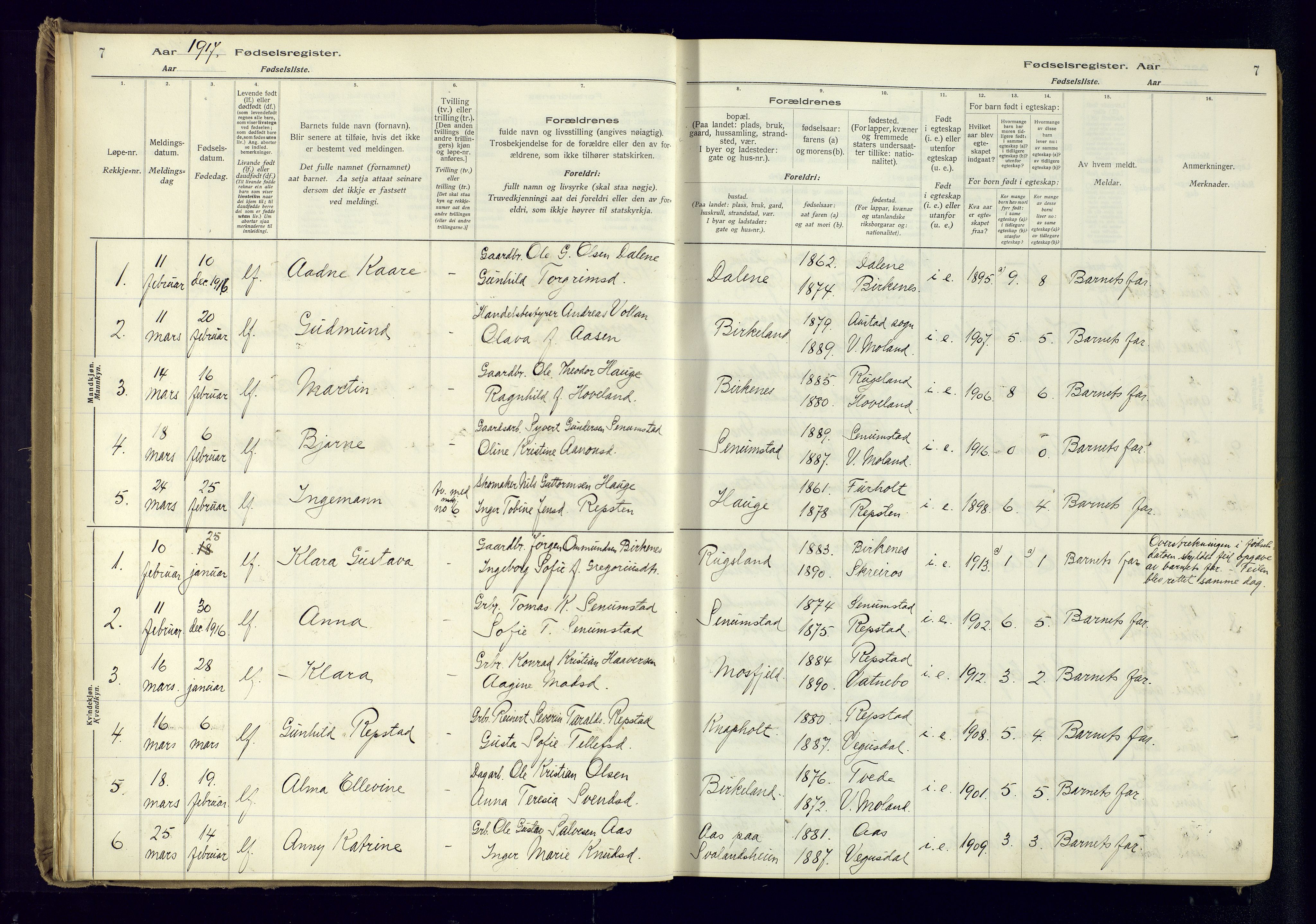 Birkenes sokneprestkontor, AV/SAK-1111-0004/J/Ja/L0001: Birth register no. II.6.4, 1916-1962, p. 7