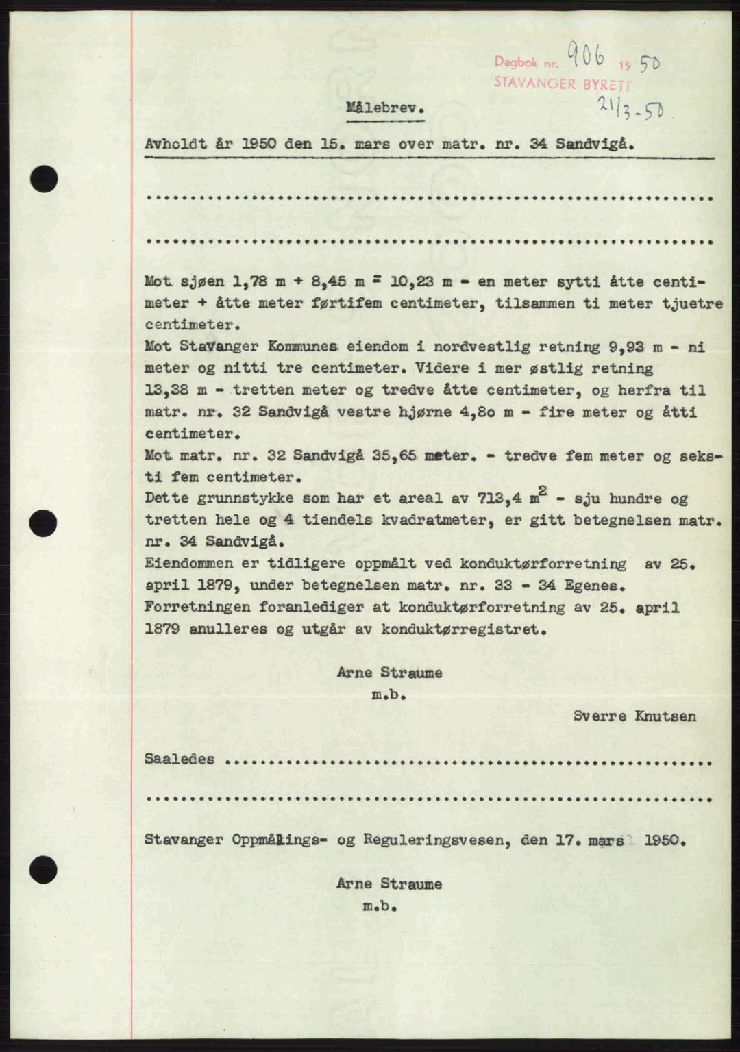 Stavanger byrett, SAST/A-100455/002/G/Gb/L0024: Mortgage book no. A13, 1949-1950, Diary no: : 906/1950