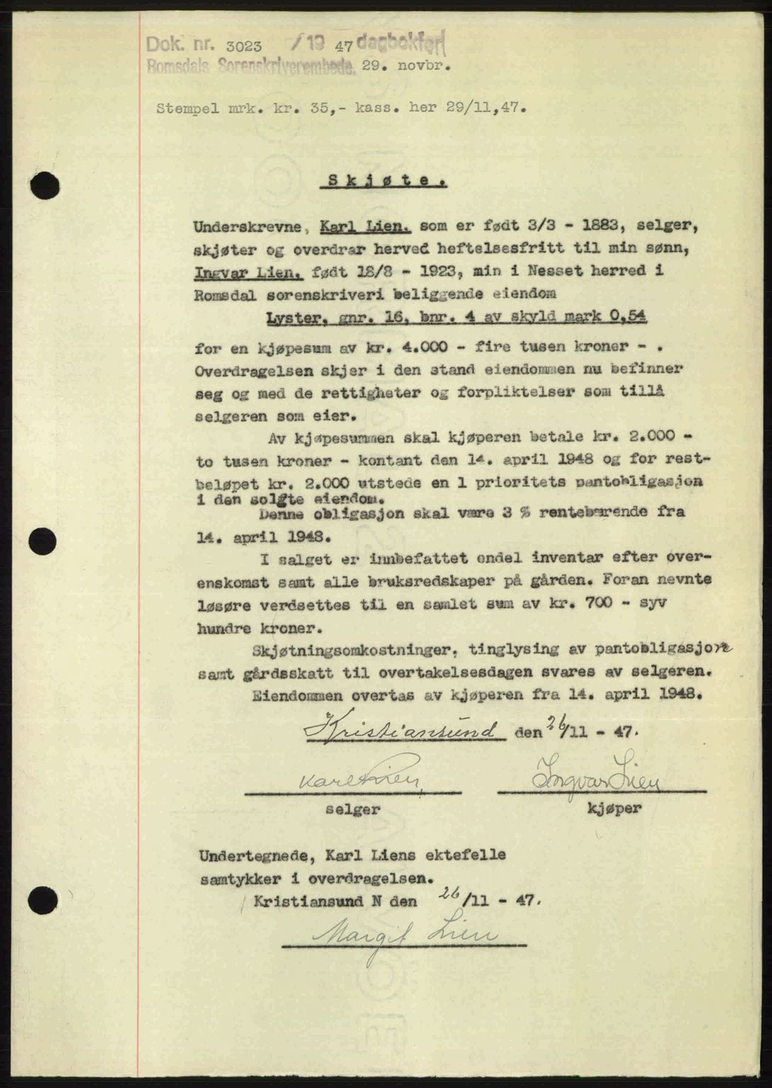 Romsdal sorenskriveri, SAT/A-4149/1/2/2C: Mortgage book no. A24, 1947-1947, Diary no: : 3023/1947