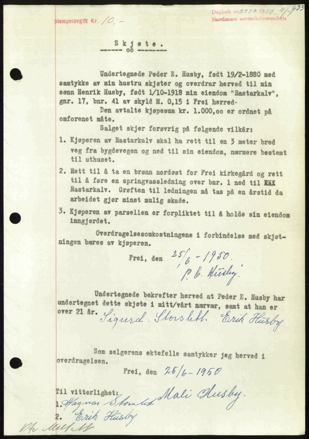 Nordmøre sorenskriveri, AV/SAT-A-4132/1/2/2Ca: Mortgage book no. A115, 1950-1950, Diary no: : 2232/1950