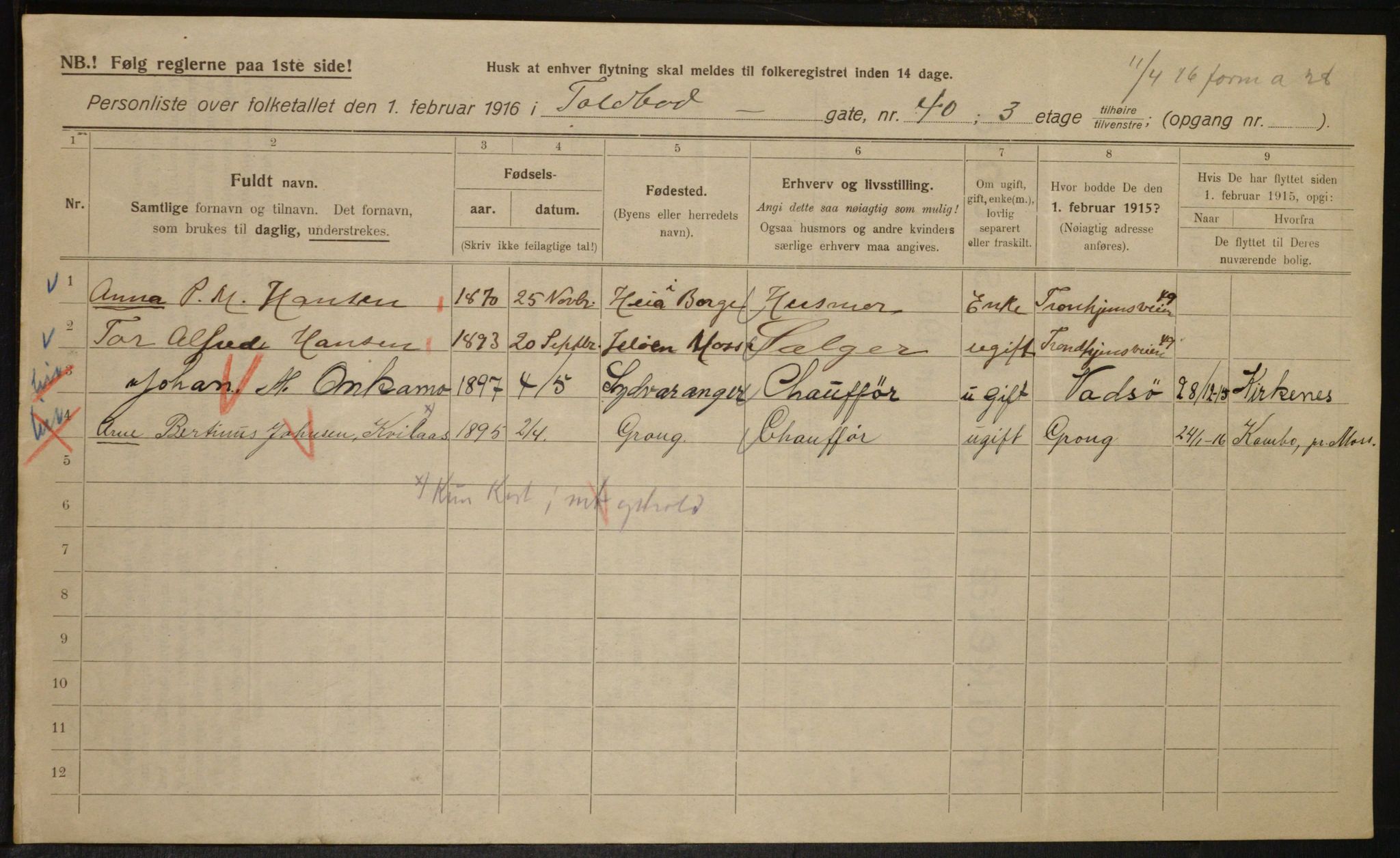 OBA, Municipal Census 1916 for Kristiania, 1916, p. 116626