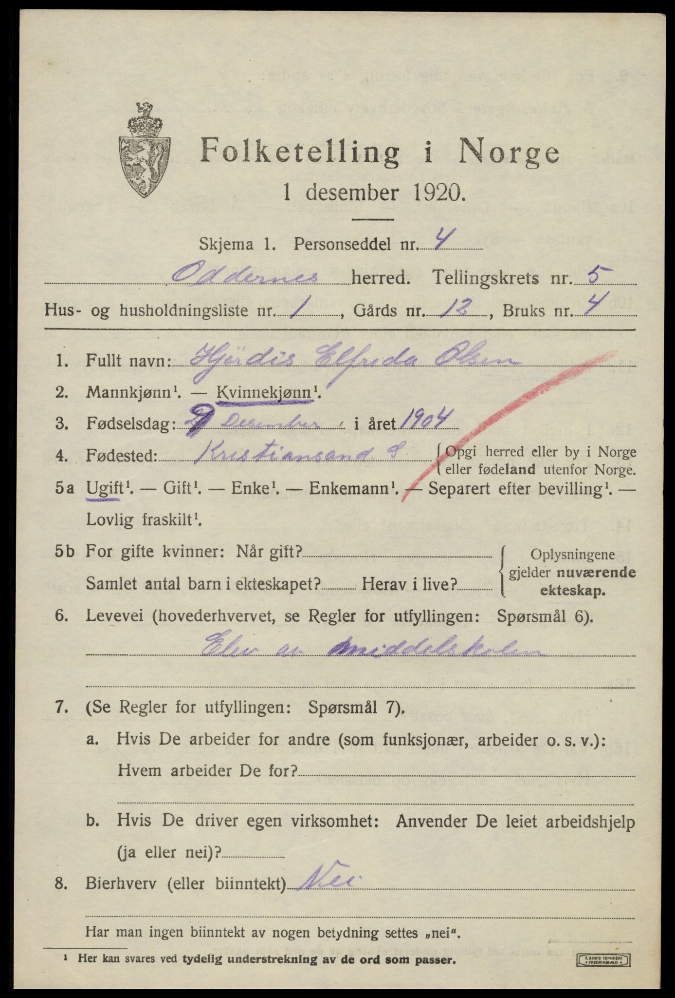 SAK, 1920 census for Oddernes, 1920, p. 4435