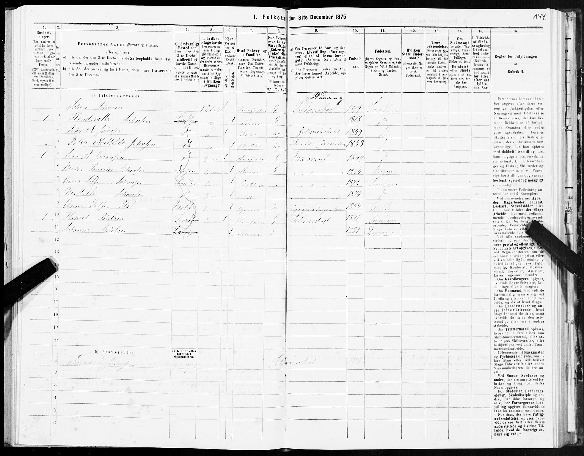 SAT, 1875 census for 1601 Trondheim, 1875, p. 3144