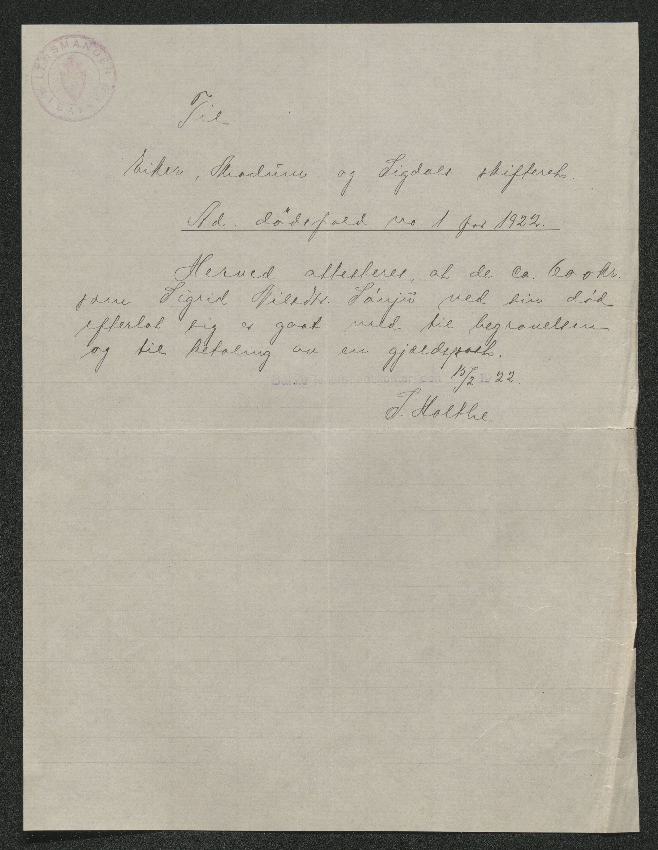 Eiker, Modum og Sigdal sorenskriveri, AV/SAKO-A-123/H/Ha/Hab/L0041: Dødsfallsmeldinger, 1922-1923, p. 27