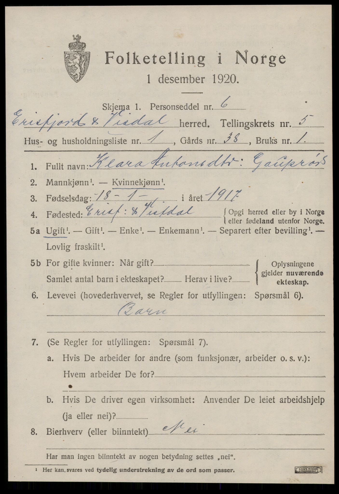 SAT, 1920 census for Eresfjord og Vistdal, 1920, p. 2525