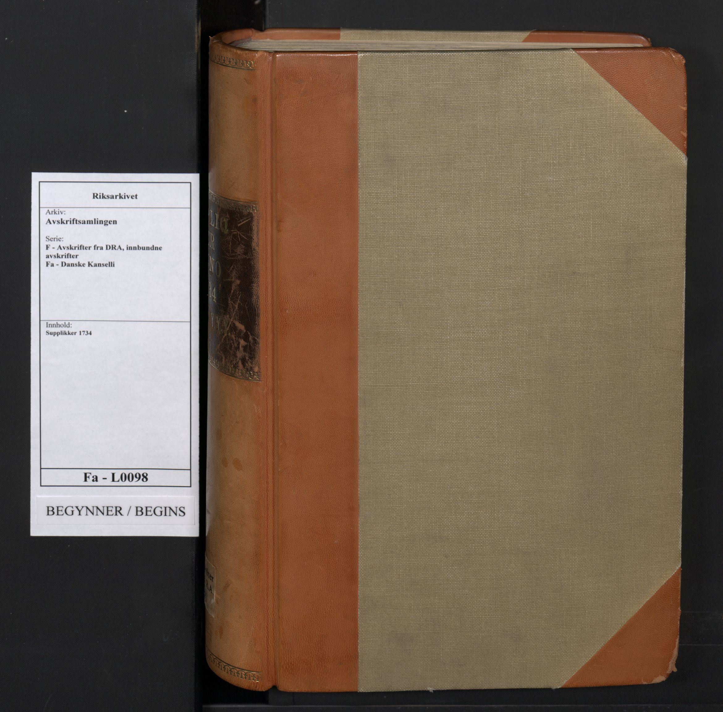 Avskriftsamlingen, AV/RA-EA-4022/F/Fa/L0098: Supplikker, 1734, p. 1