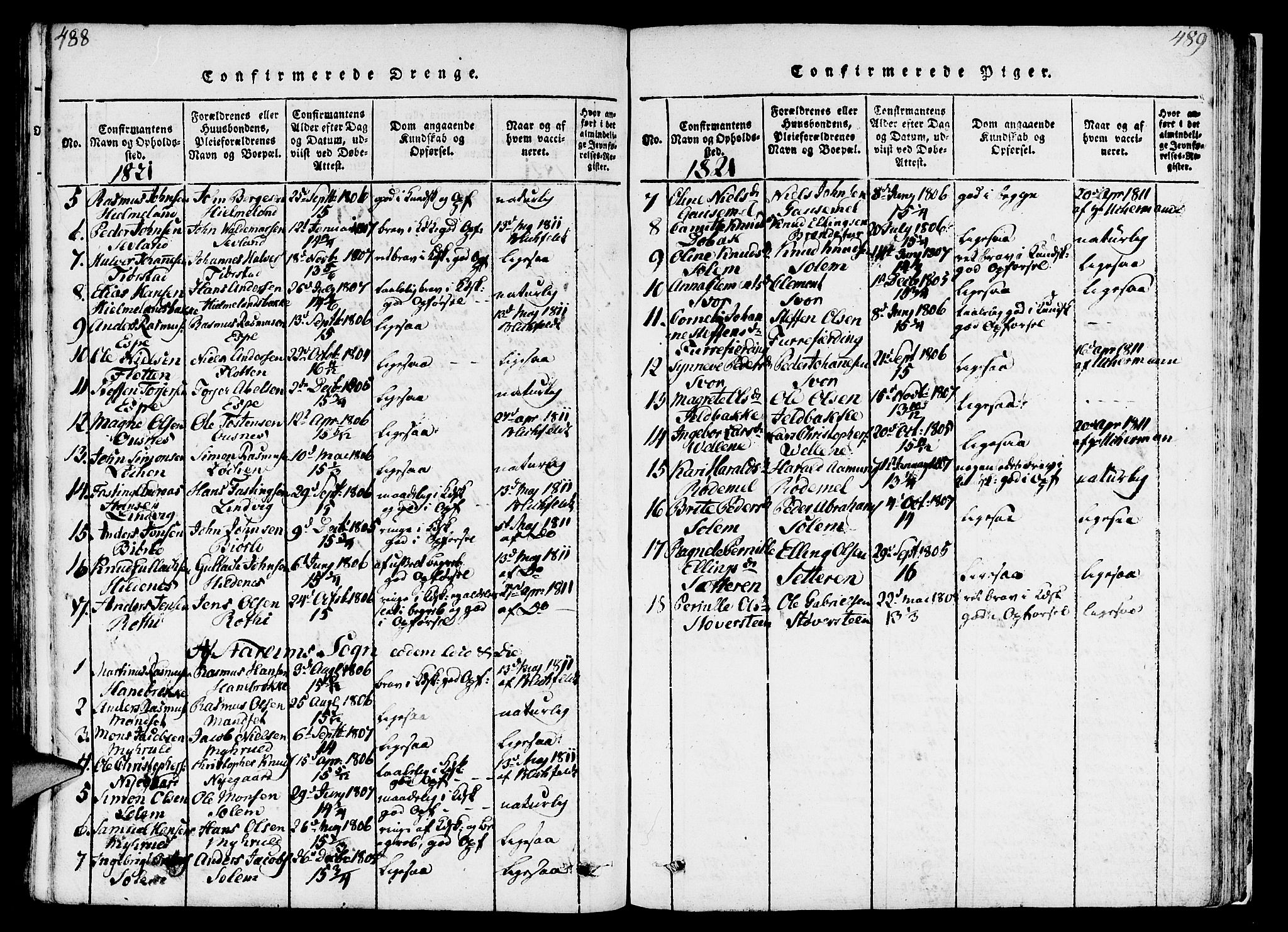 Eid sokneprestembete, AV/SAB-A-82301/H/Haa/Haaa/L0005: Parish register (official) no. A 5, 1816-1830, p. 488-489