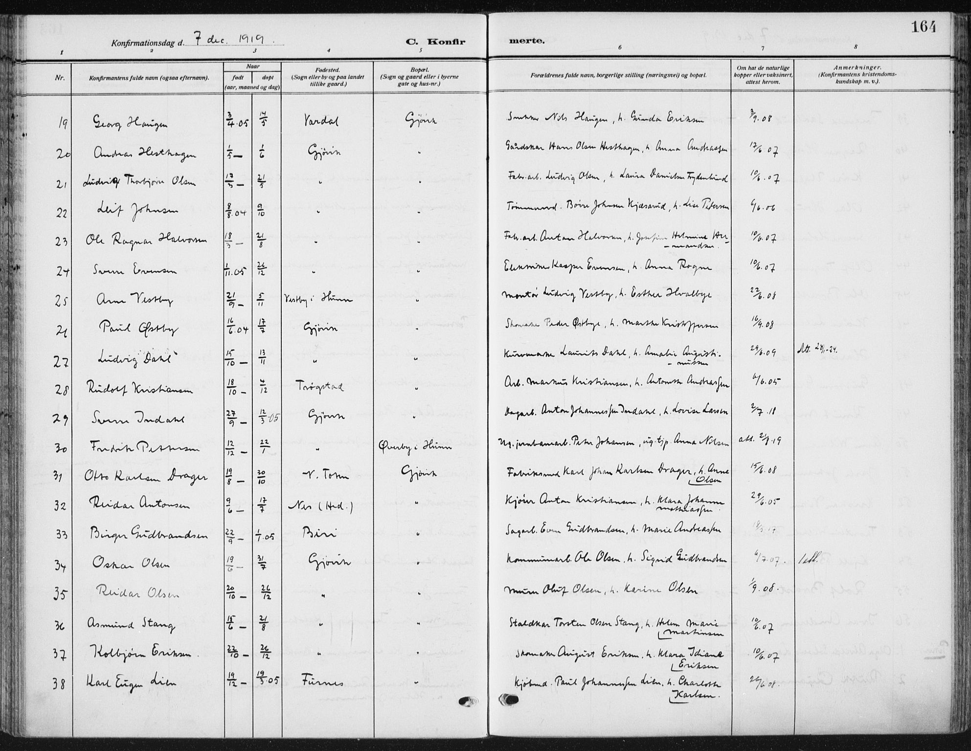 Vardal prestekontor, SAH/PREST-100/H/Ha/Haa/L0014: Parish register (official) no. 14, 1912-1922, p. 164