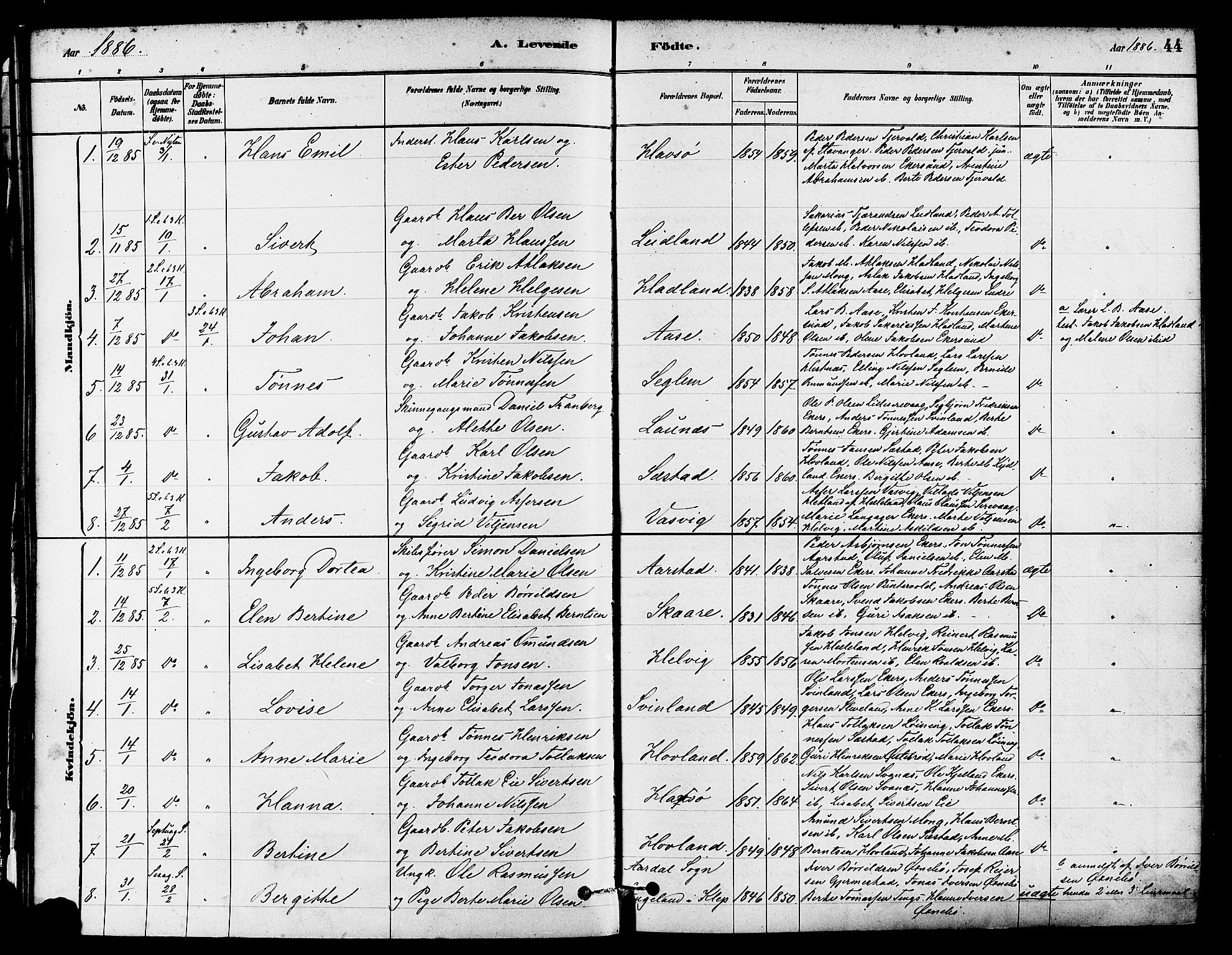 Eigersund sokneprestkontor, SAST/A-101807/S08/L0017: Parish register (official) no. A 14, 1879-1892, p. 44
