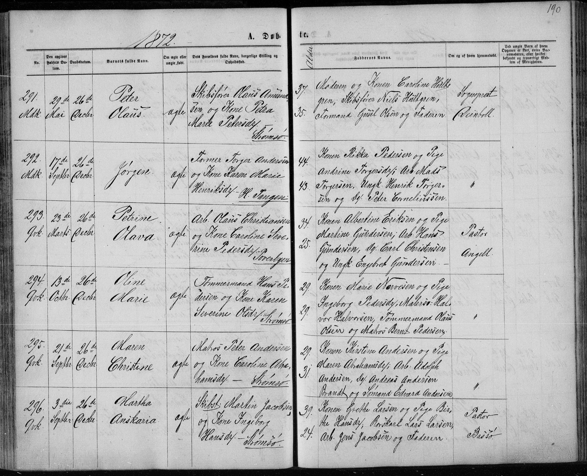 Strømsø kirkebøker, AV/SAKO-A-246/F/Fa/L0016: Parish register (official) no. I 16, 1868-1873, p. 190