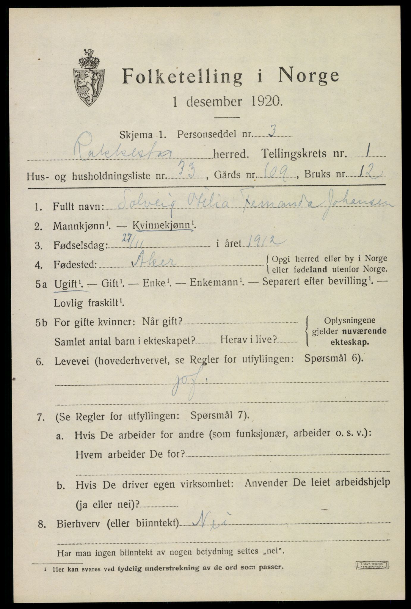 SAO, 1920 census for Rakkestad, 1920, p. 2045