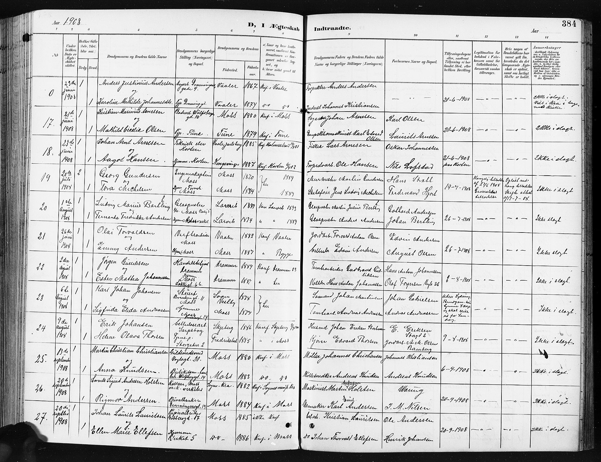 Moss prestekontor Kirkebøker, AV/SAO-A-2003/G/Ga/L0007: Parish register (copy) no. I 7, 1901-1912, p. 384